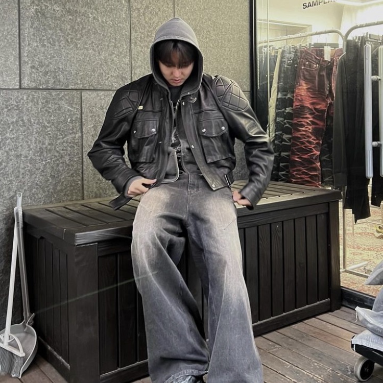 Martine Rose Leather Rider Jacket Black 착용 스타일 - 2