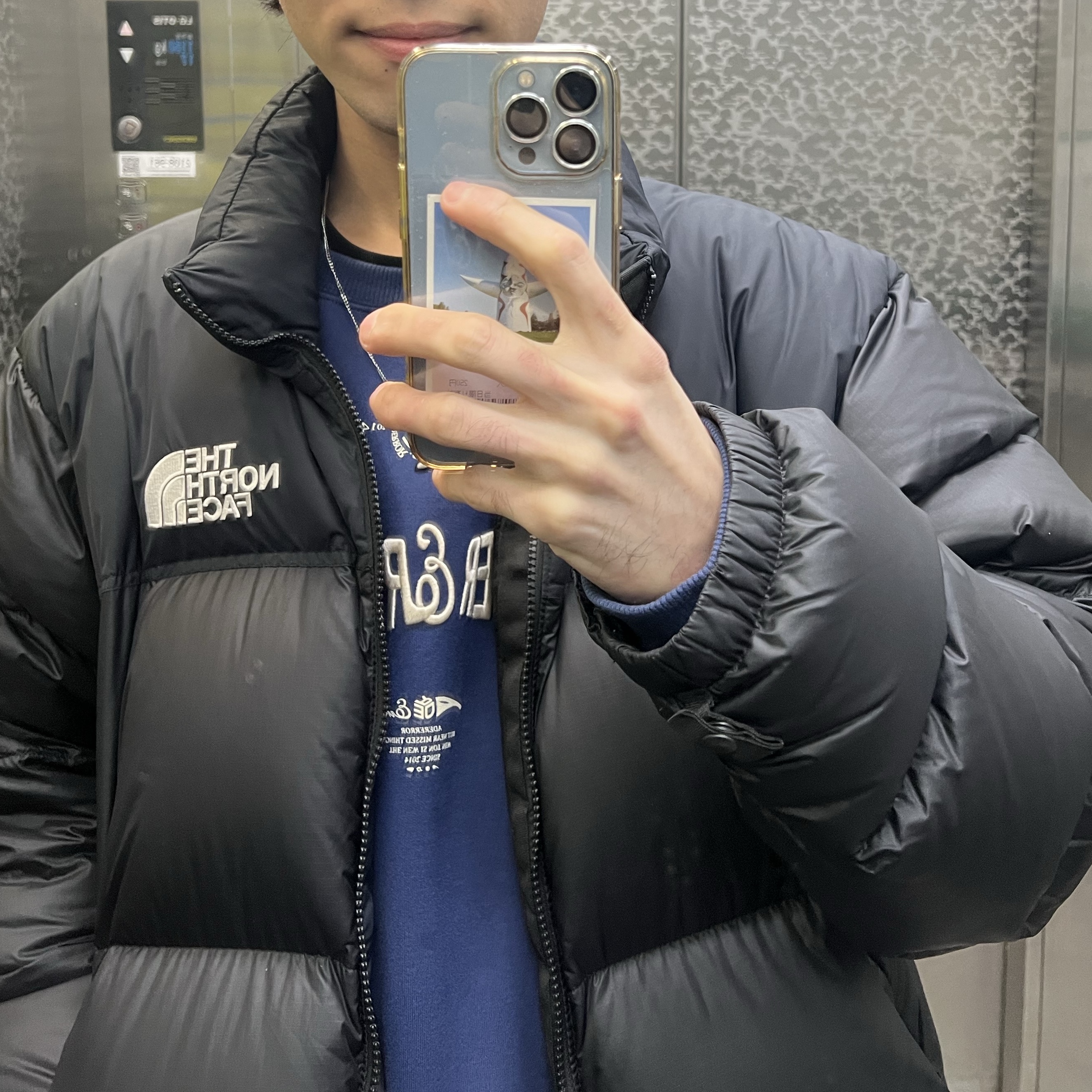 The North Face 1996 Eco Nuptse Jacket Black, Ader Error Verif Logo Sweatshirt Navy 착용 스타일