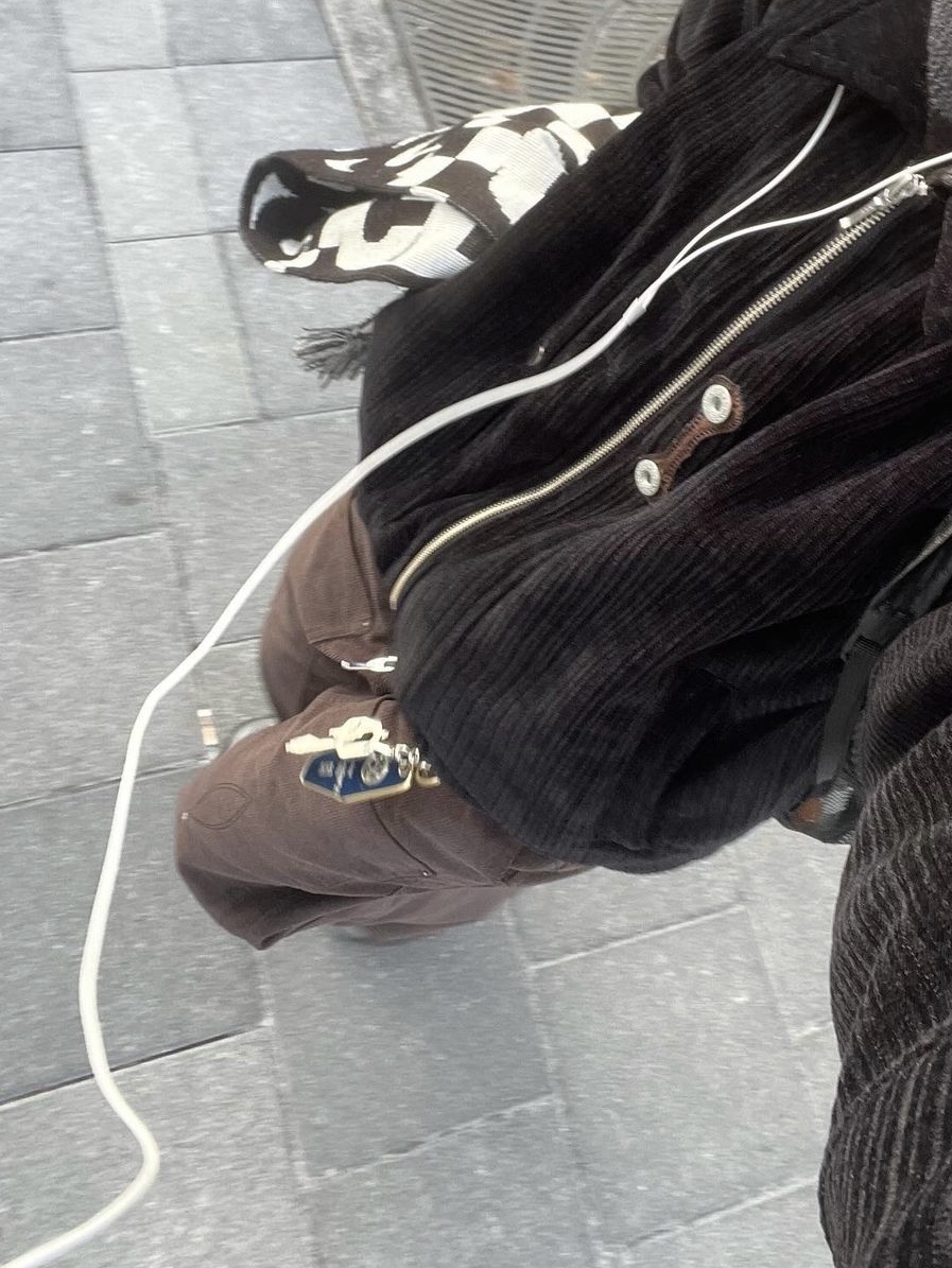 Karactor Corduroy Bomber Jacket Brown, CDG Logo Check Muffler White Black 착용 스타일