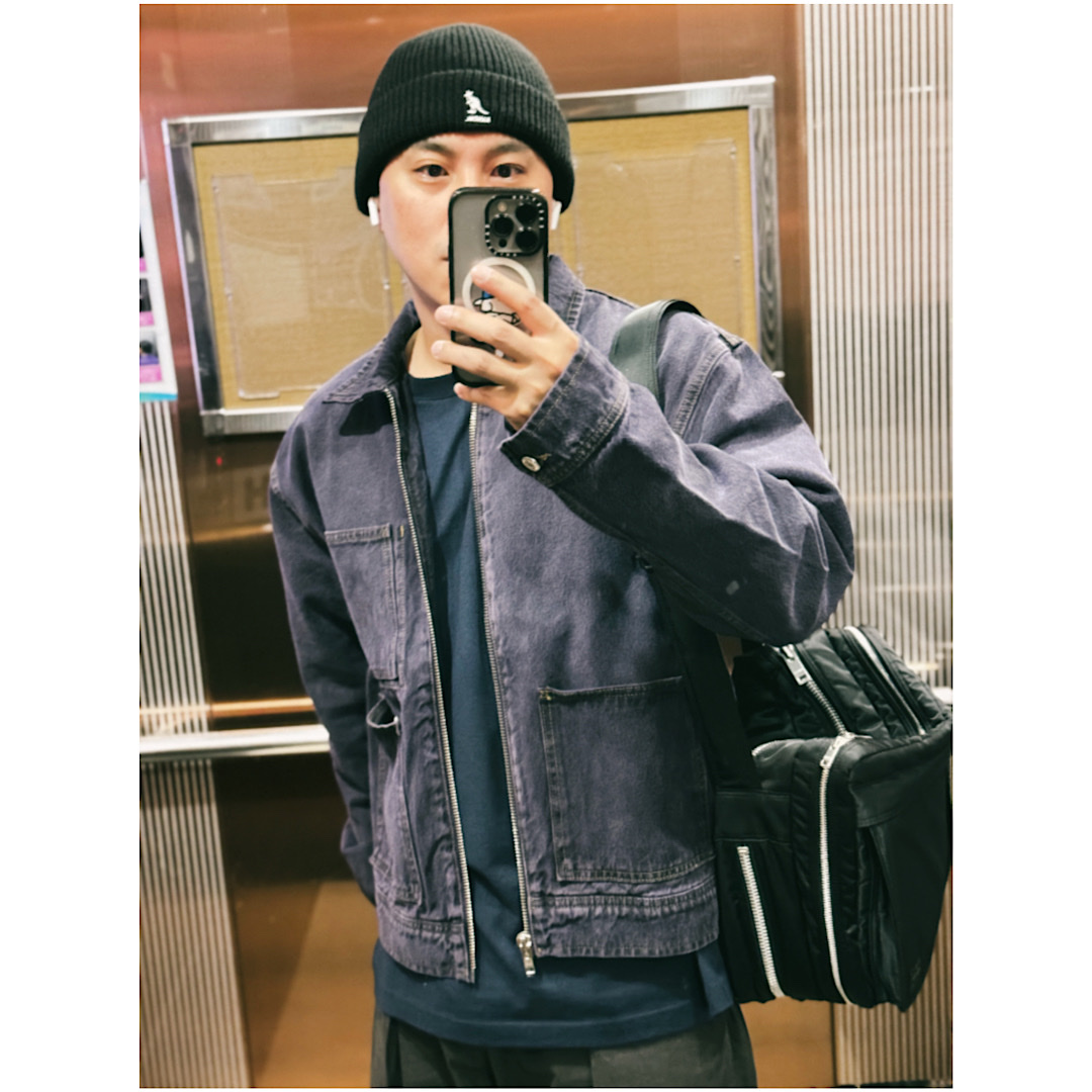 Stussy Denim Zip Work Jacket Espresso, Porter Tanker Shoulder Bag Black 착용 스타일 - 1