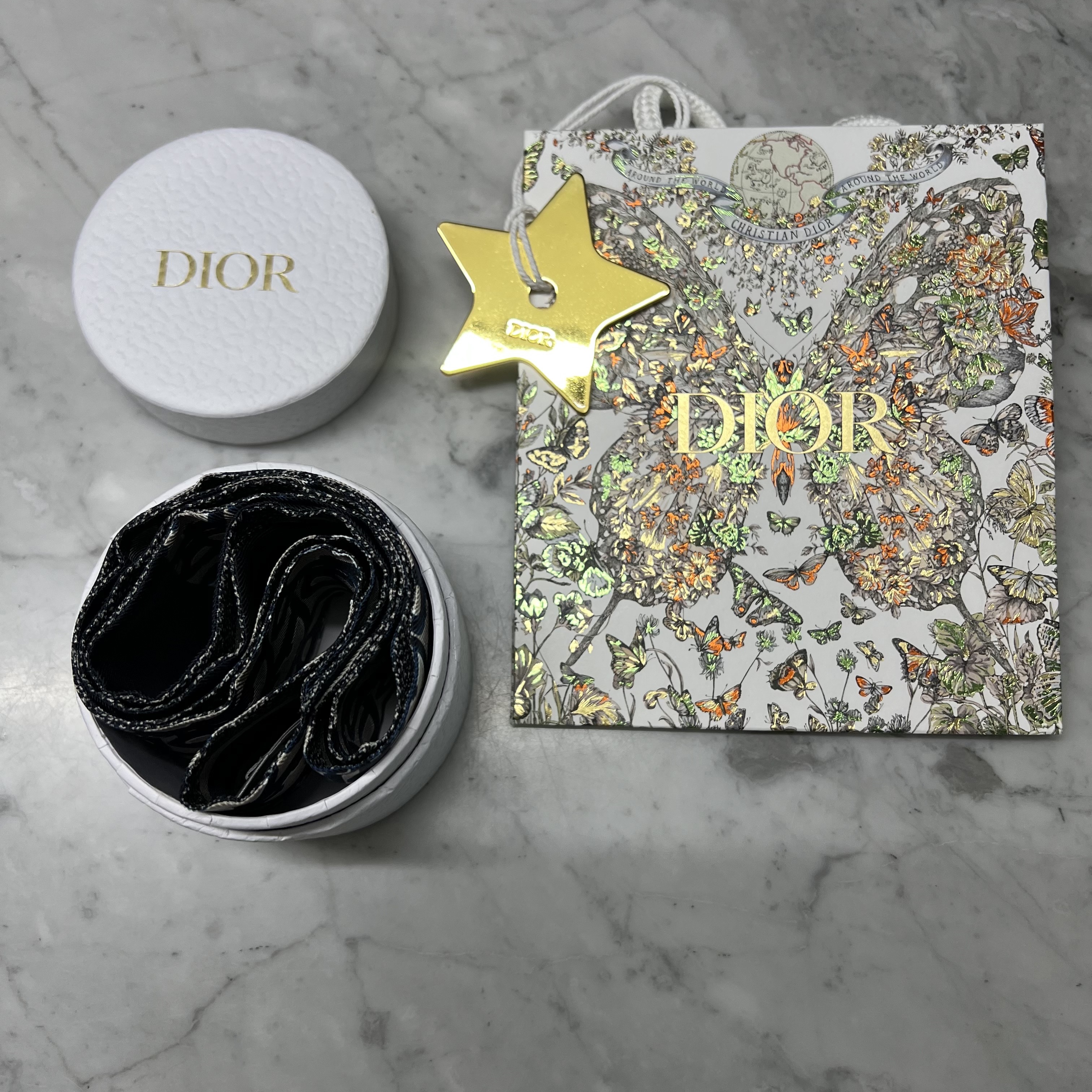 (W) Dior Oblique Mitzah Scarf Silk Twill Navy Blue 착용 스타일
