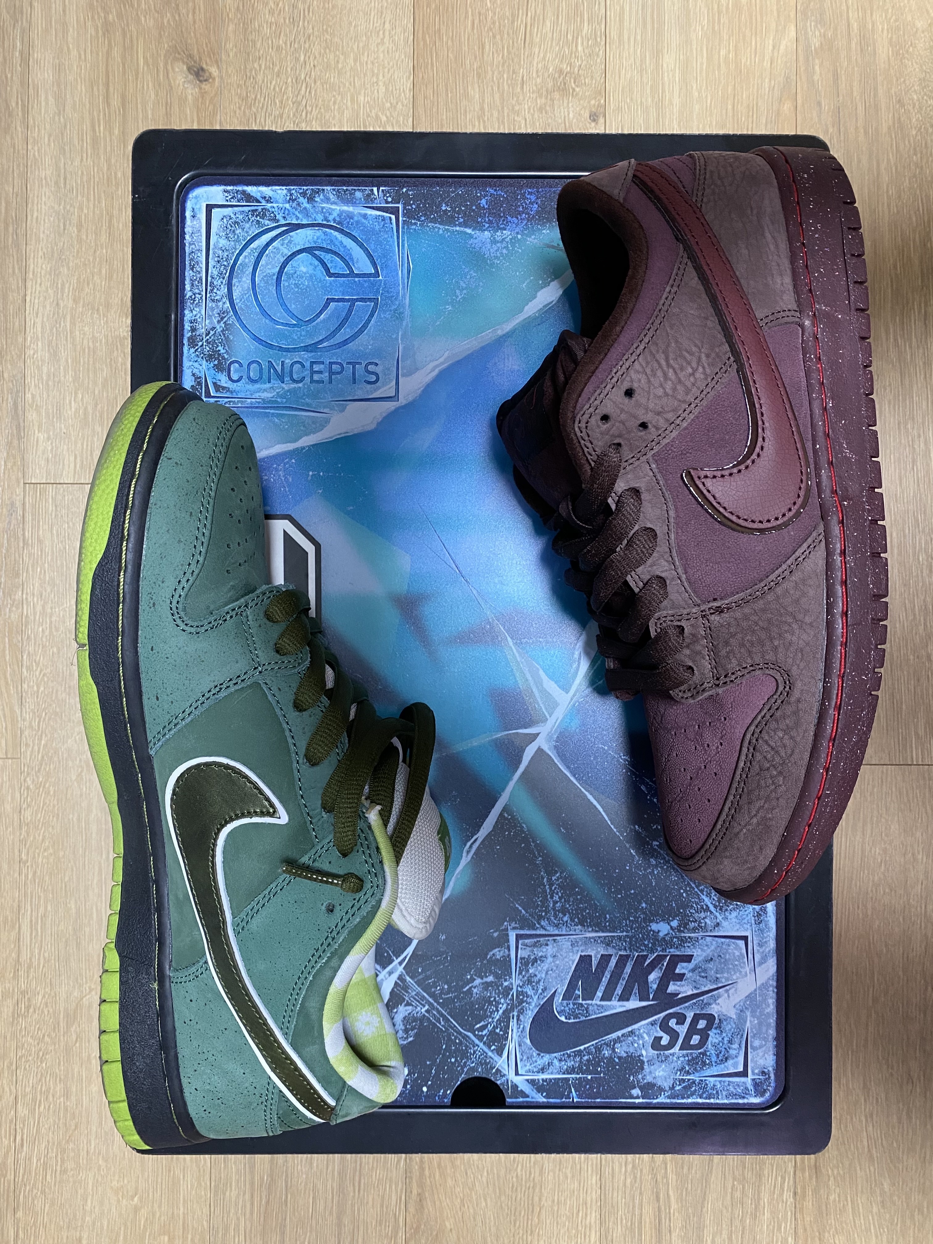 Nike SB Dunk Low PRM Burgundy Crush, Nike x Concepts SB Dunk Low Green Lobster (Special Box) 착용 스타일