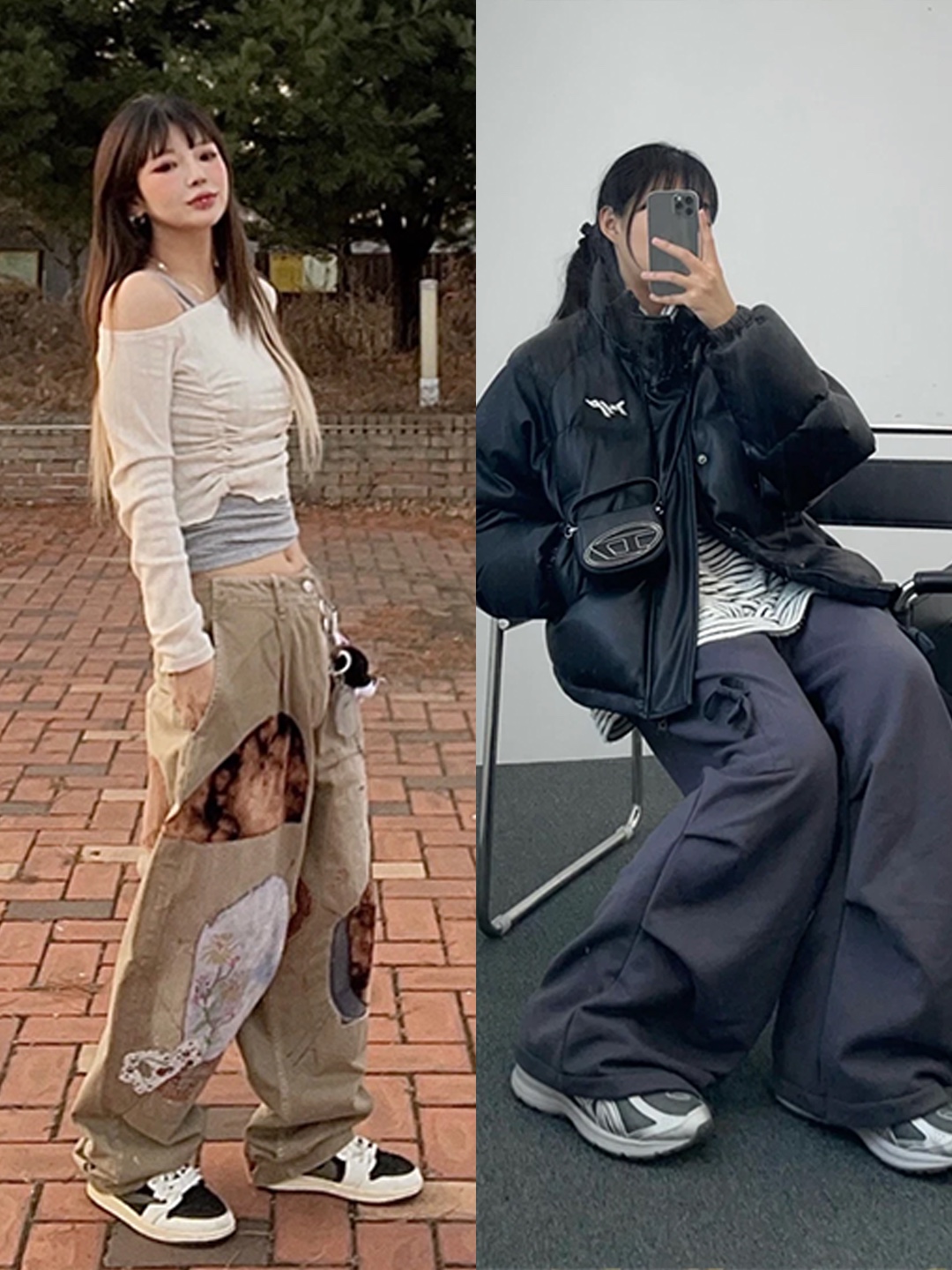 Kapital Katsuragi High Waist Neem Pants Beige, (W) Jordan 1 x Travis Scott Retro Low OG SP Medium Olive 착용 스타일 - 2