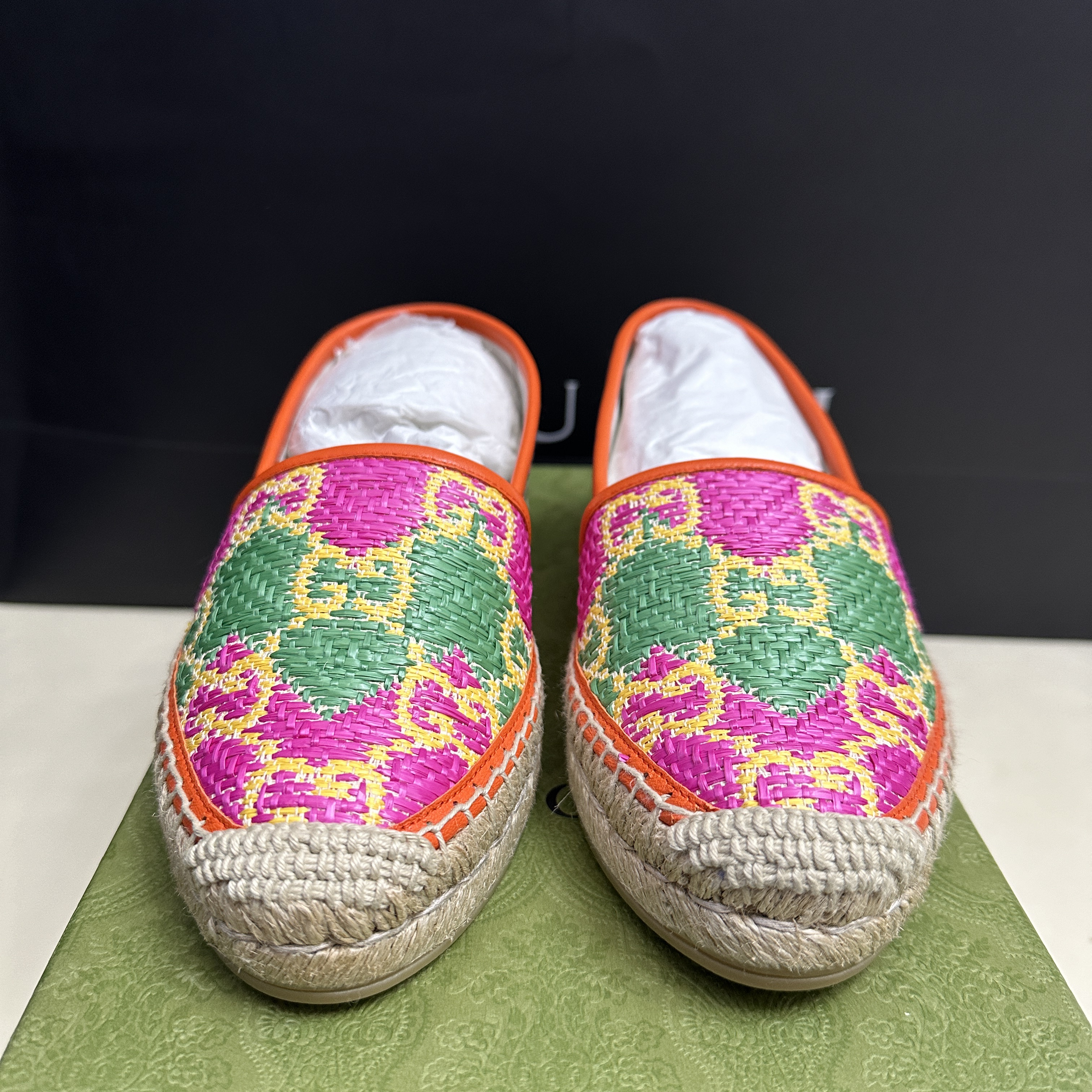 (W) Gucci GG Espadrille Herringbone Straw Leather Multicolour Raffia 착용 스타일 - 1