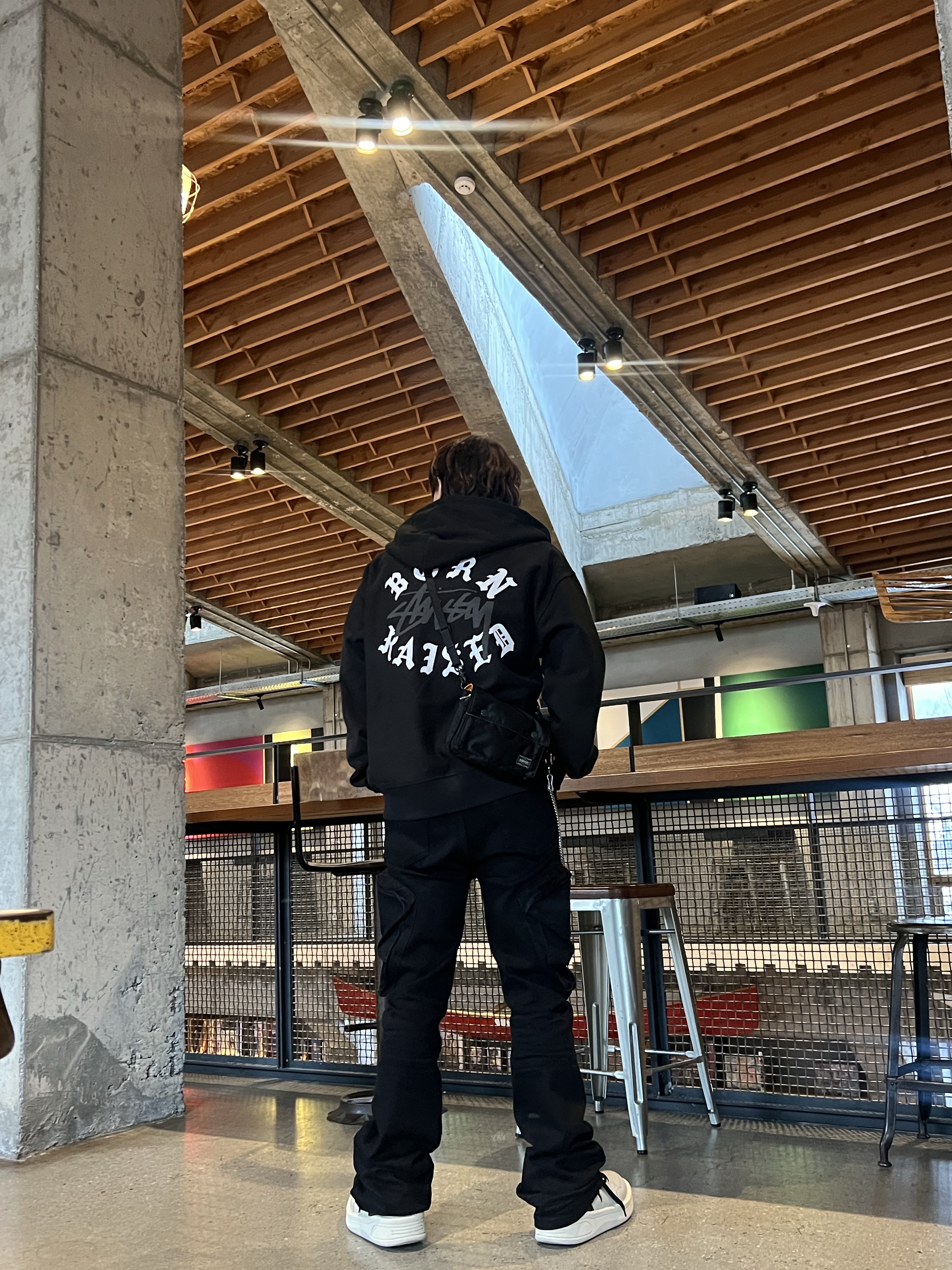 Stussy x Born X Raised Logo Zip Hoodie Black, Porter Tanker Shoulder Bag Black 착용 스타일