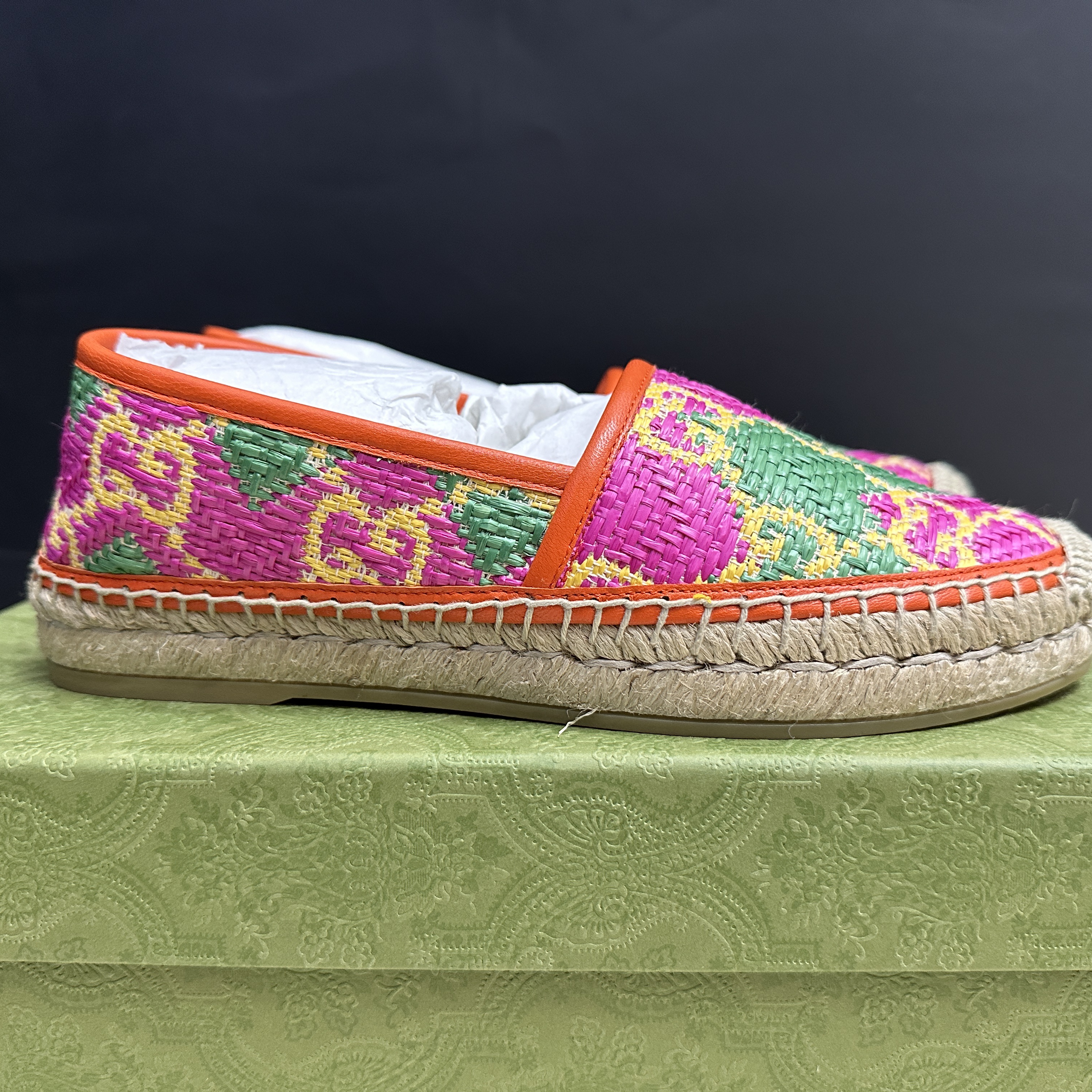 (W) Gucci GG Espadrille Herringbone Straw Leather Multicolour Raffia 착용 스타일 - 3