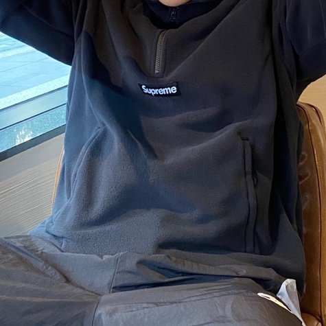 Supreme Polartec Facemask Half Zip Hooded Sweatshirt Black - 23FW 착용 스타일