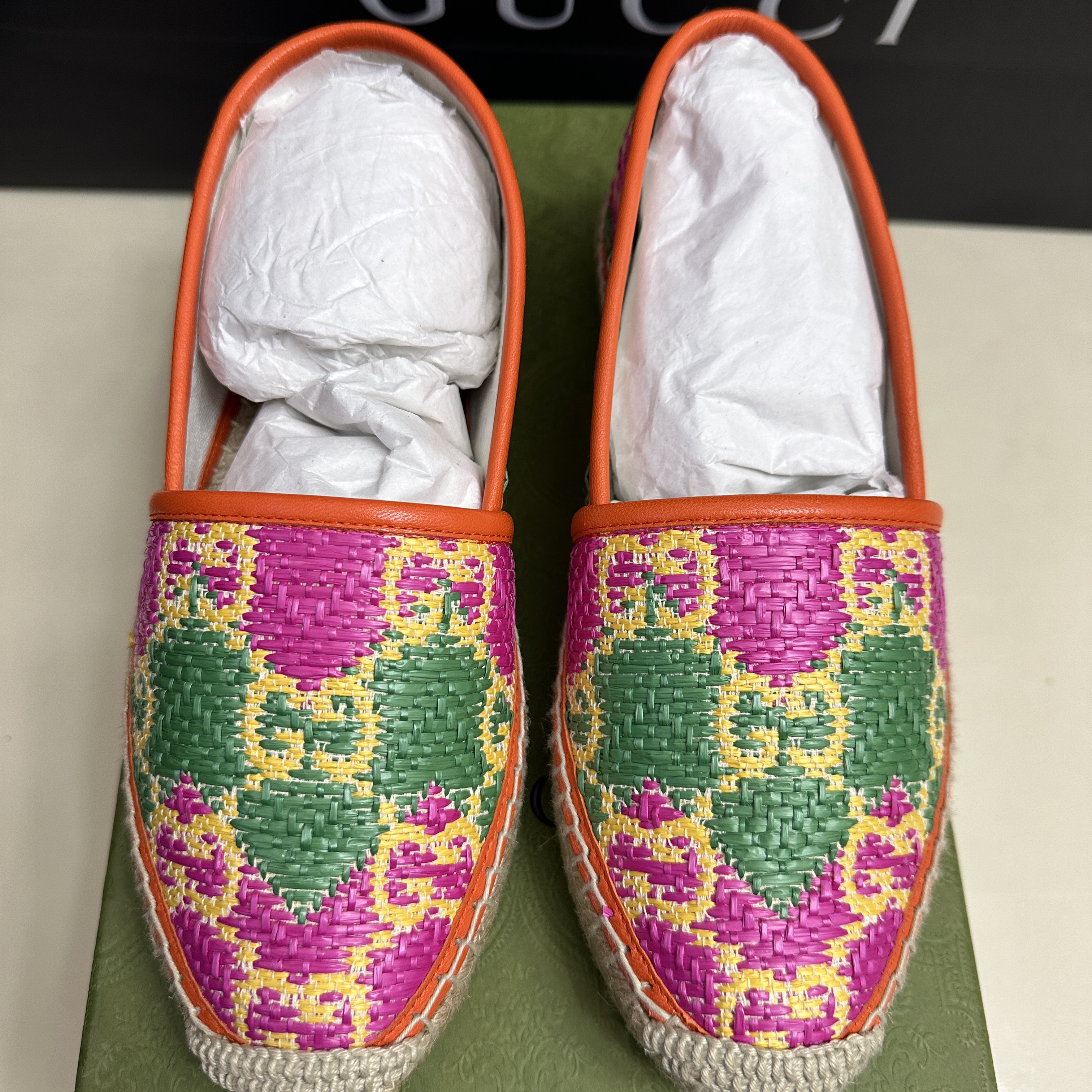(W) Gucci GG Espadrille Herringbone Straw Leather Multicolour Raffia 착용 스타일 - 2