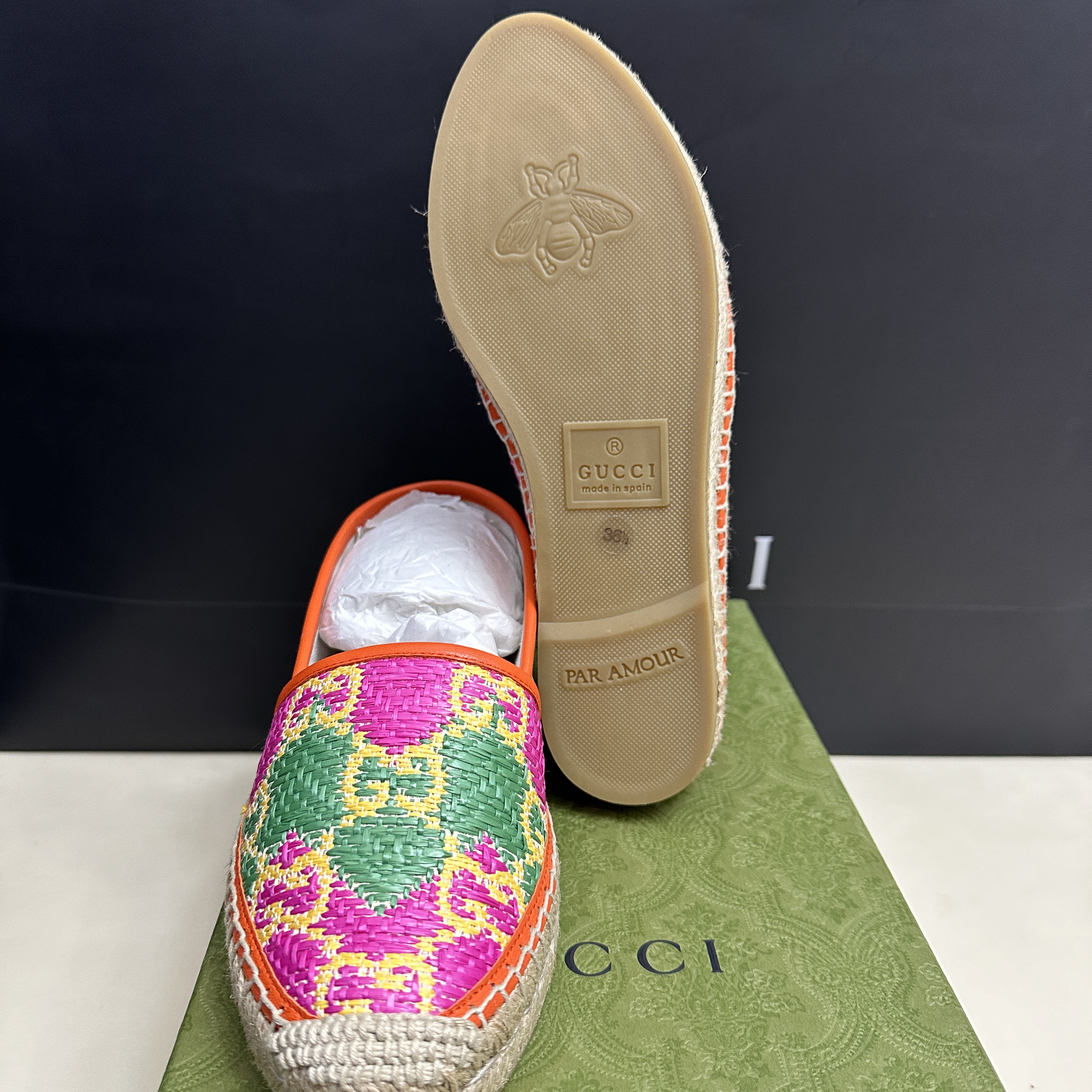 (W) Gucci GG Espadrille Herringbone Straw Leather Multicolour Raffia 착용 스타일 - 5