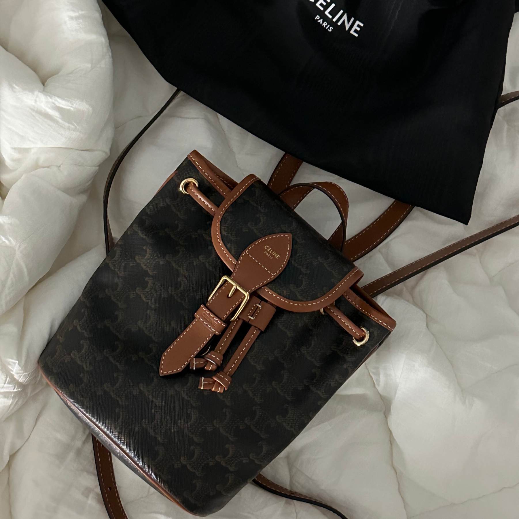 Celine Mini Backpack Folco in Triomphe Canvas and Calfskin Tan 착용 스타일