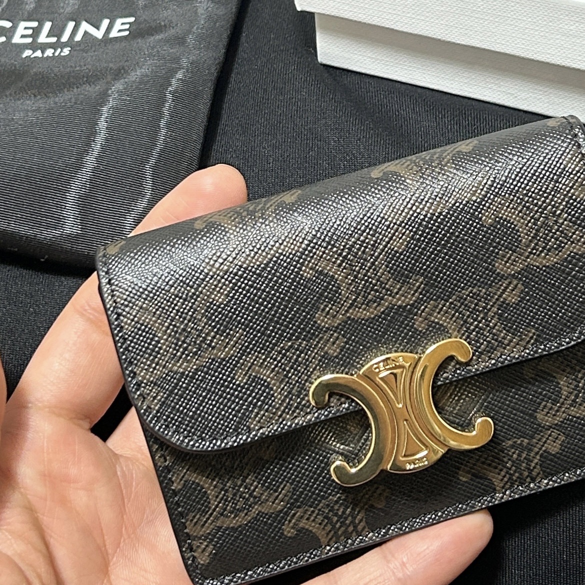 Celine Card Holder with Flap in Triomphe Canvas Tan 착용 스타일