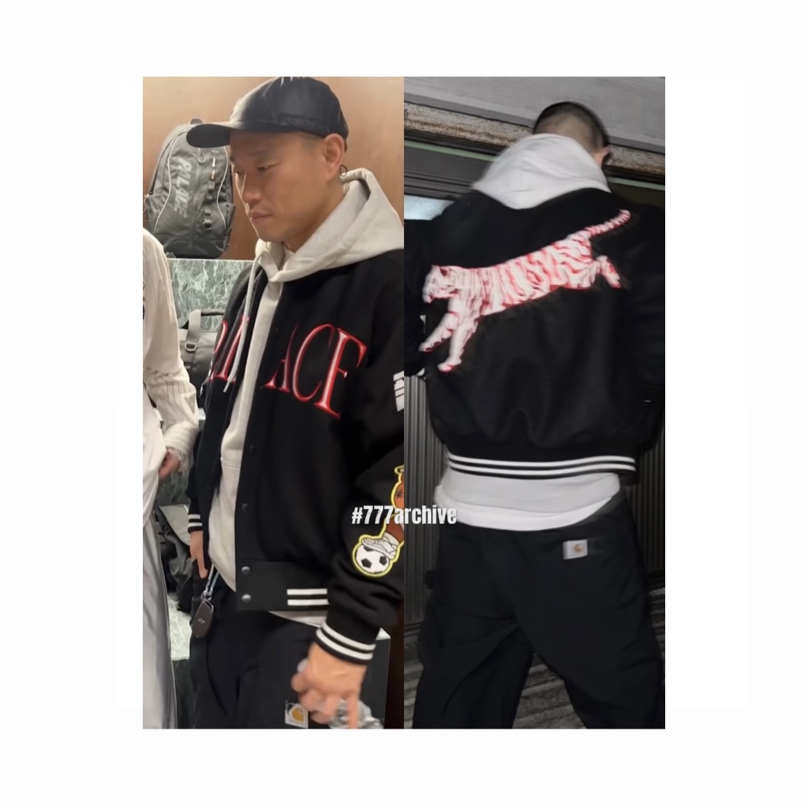 Palace Korea Hoodie Grey - 24SS, Palace Korea Varsity Jacket Black - 24SS 착용 스타일 - 4