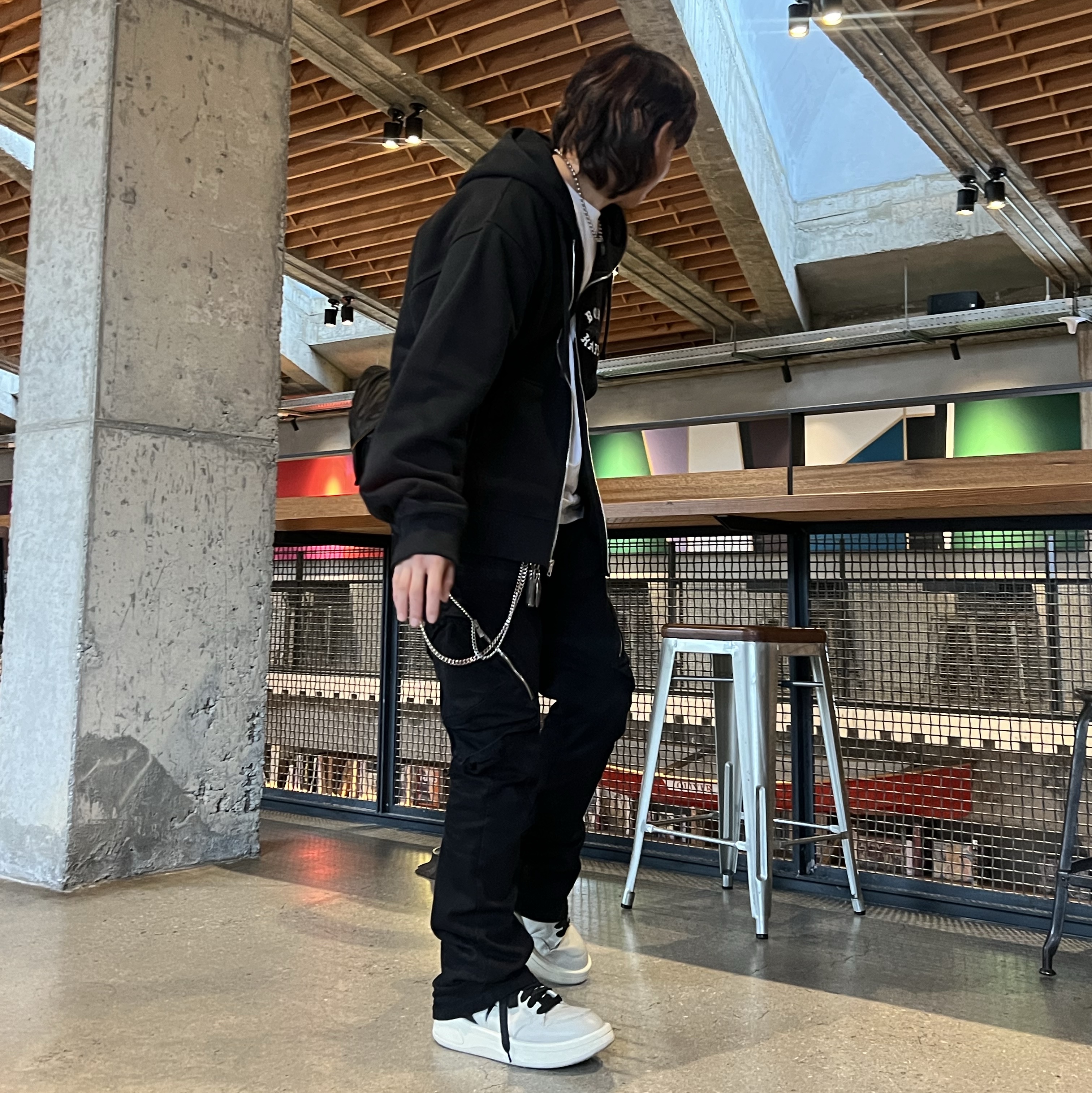 Stussy x Born X Raised Logo Zip Hoodie Black, Undermycar Zerob Embossed Tactic Flared Jeans Sharkskin - 23FW 착용 스타일