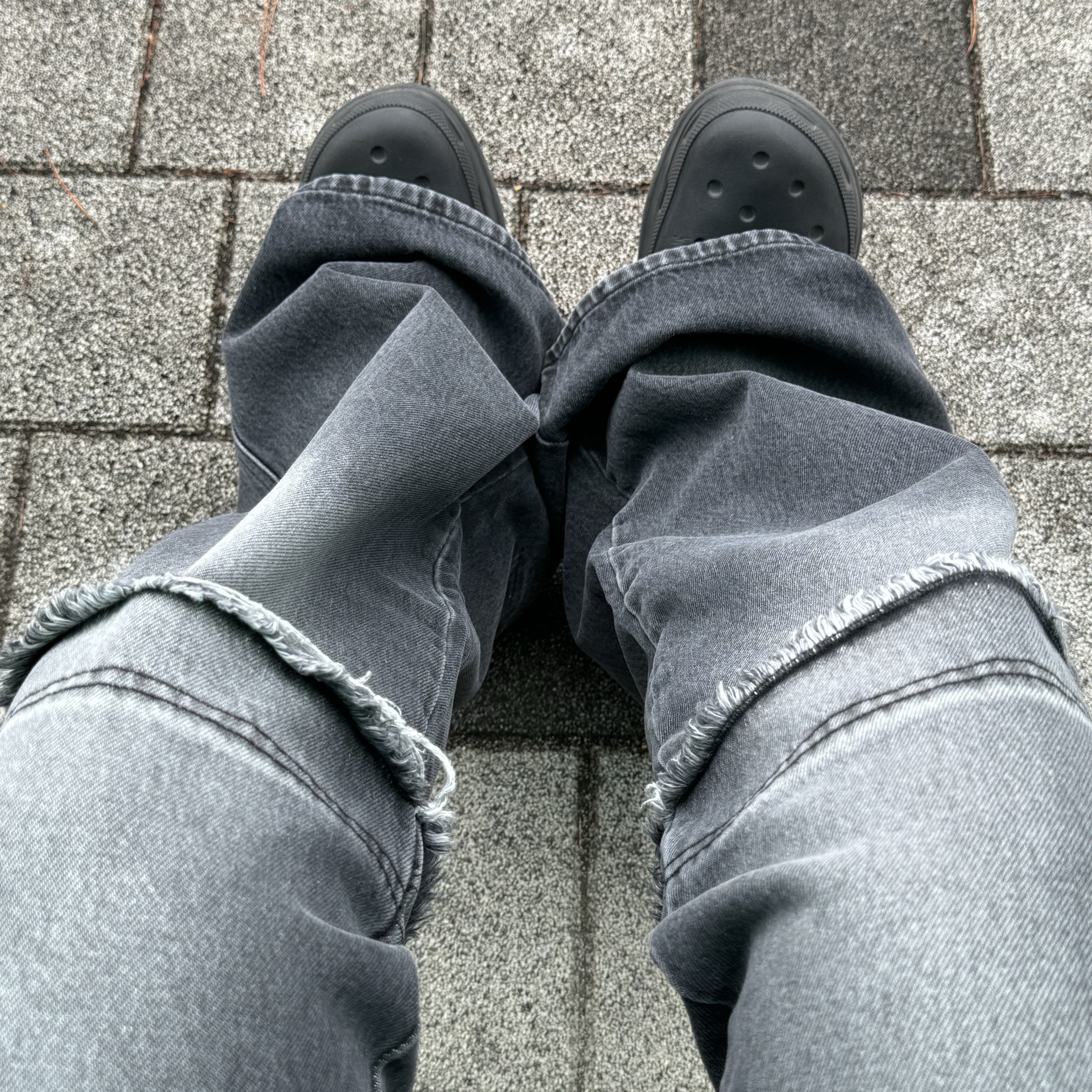 OMO Layered Flared Jean Washed Black, Balenciaga x Crocs Slide Sandal Black 착용 스타일