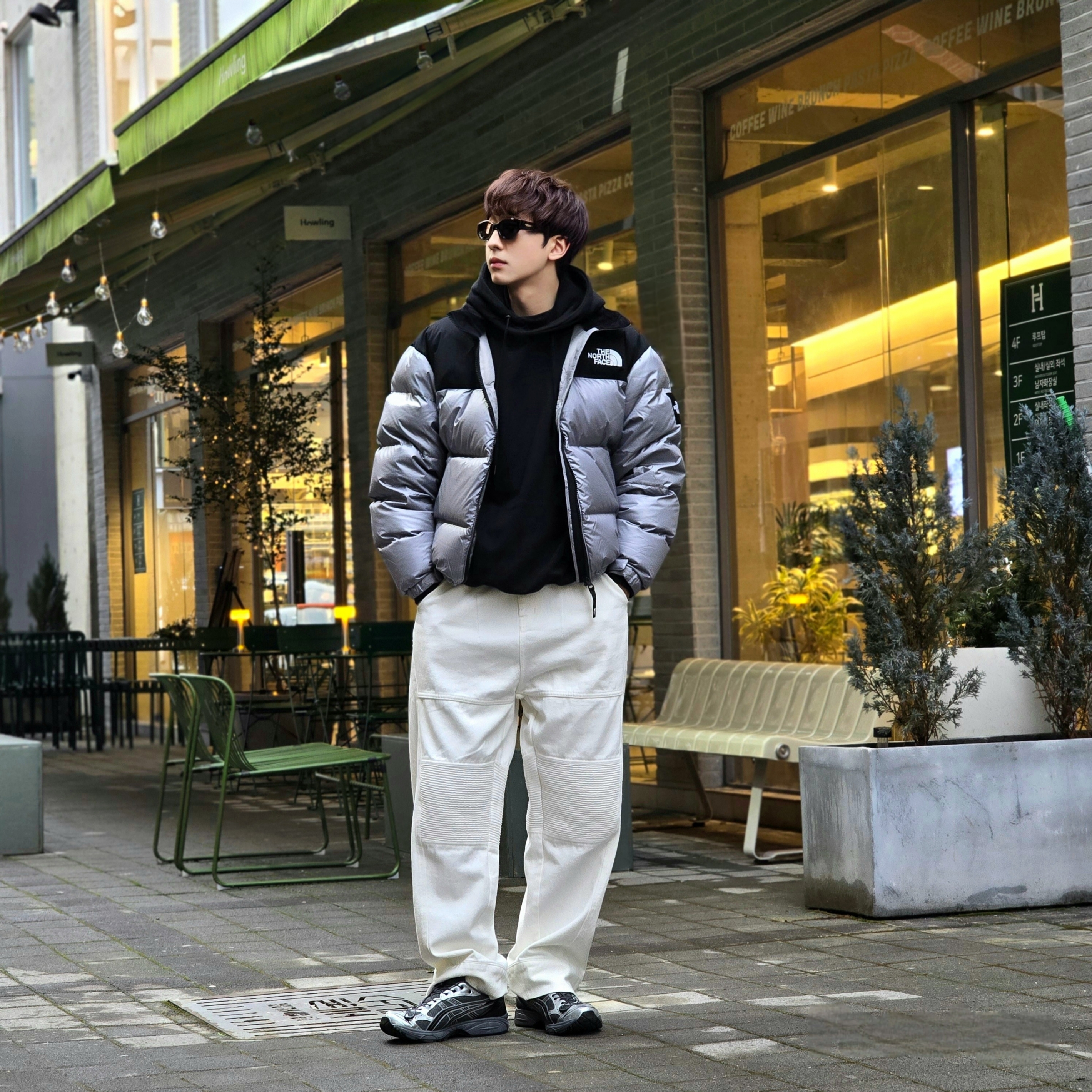 The North Face White Label Novelty Nuptse Down Jacket Heather Gray, Asics x Unaffected Gel-Kayano 14 Silver Moon 착용 스타일 - 6