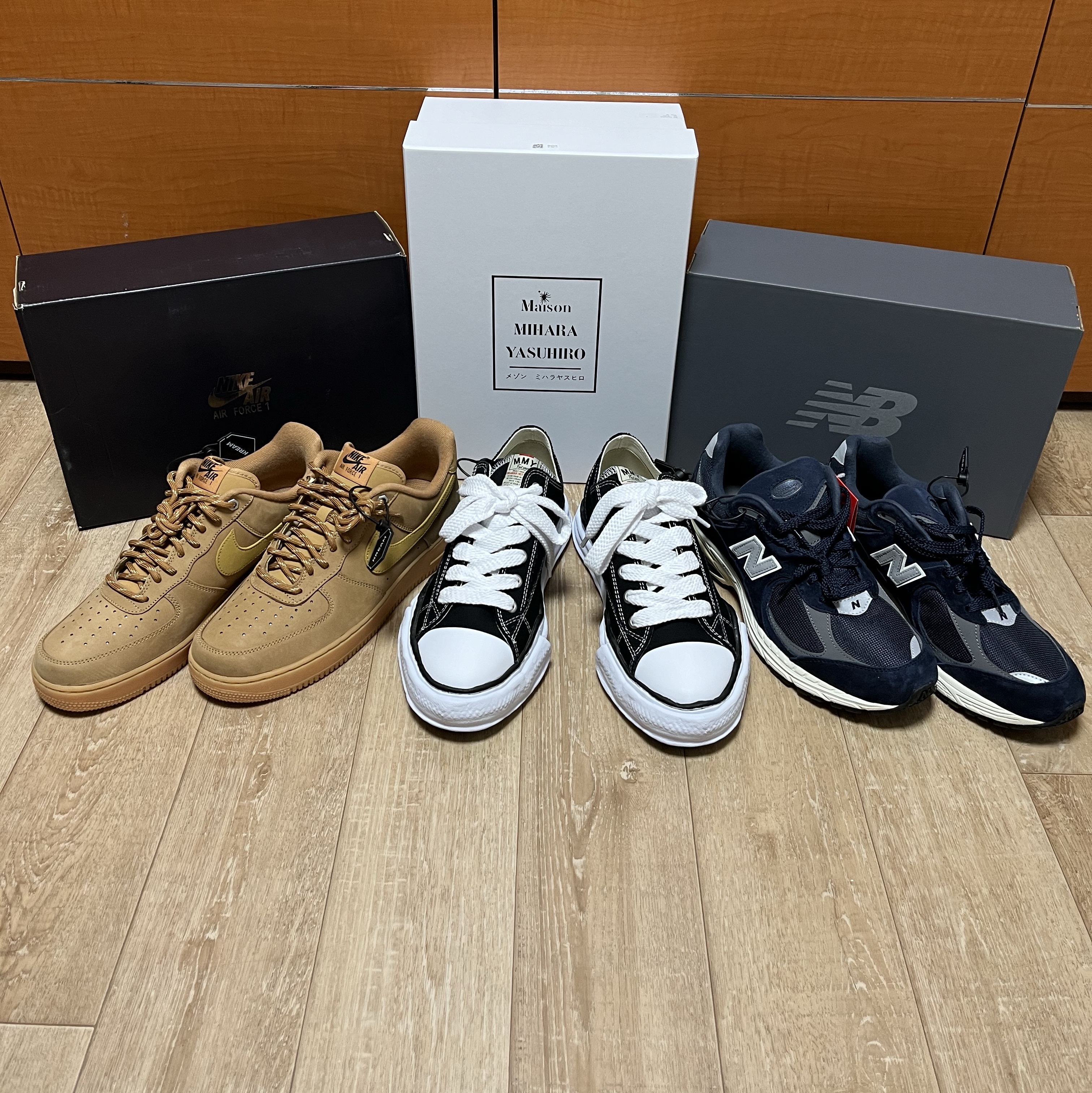 Nike Air Force 1 '07 WB Flax, Maison Mihara Yasuhiro Peterson OG Sole Canvas Low Sneakers Black 착용 스타일