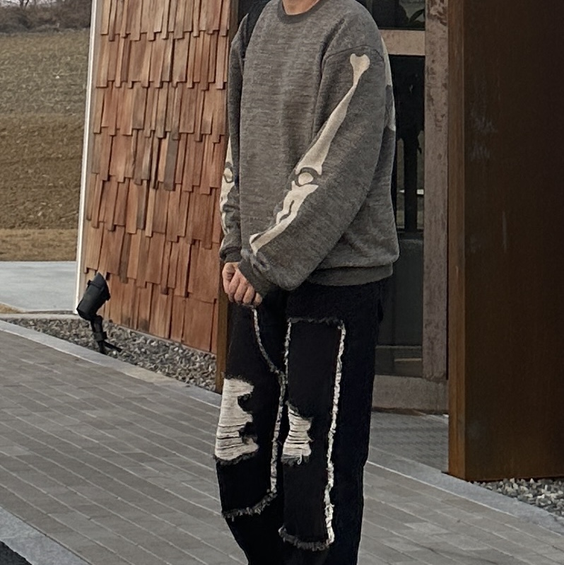 Kapital Fleece Big Crewneck Sweat Heather Charcoal 착용 스타일 - 1