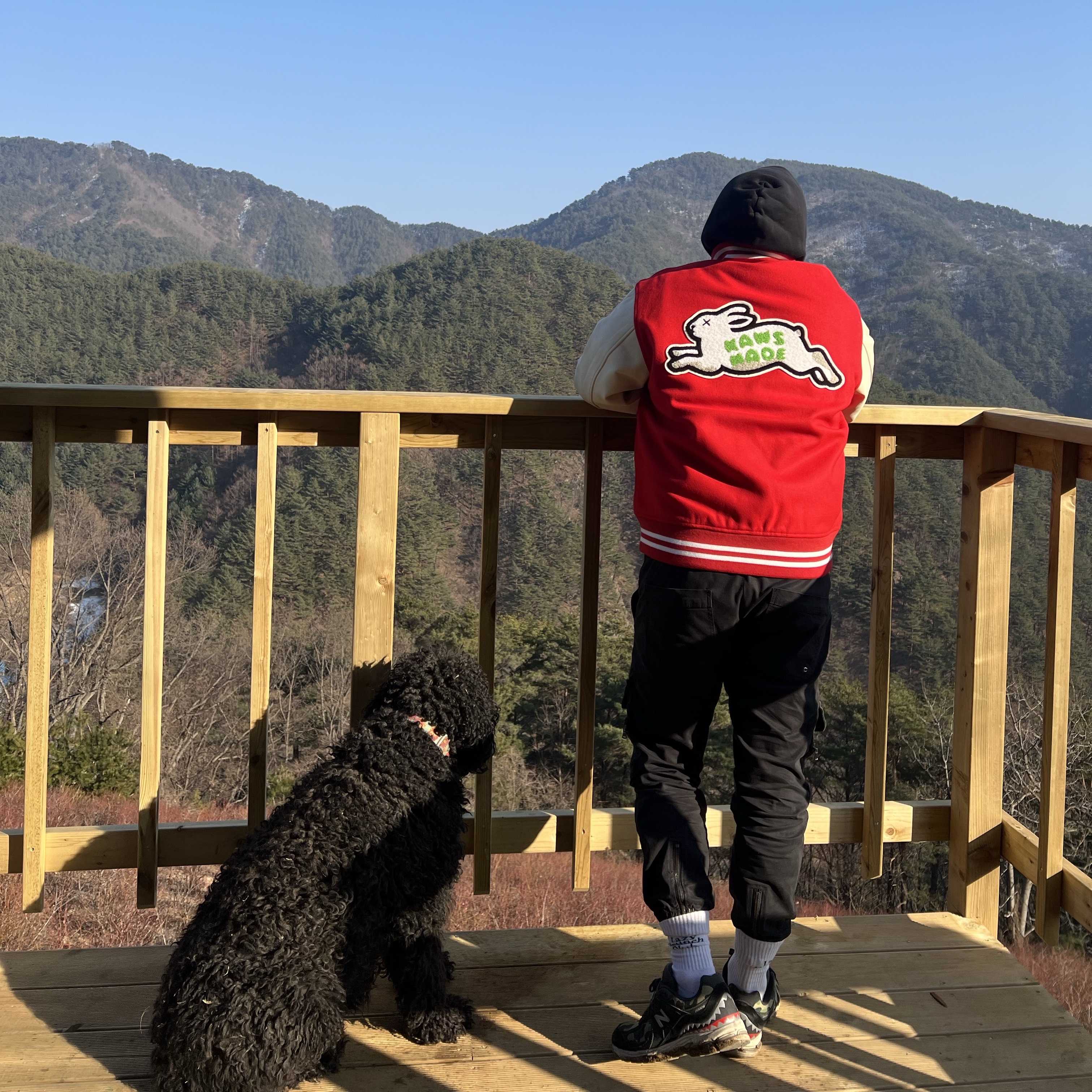 Human Made x Kaws Varsity Jacket #1 Red, New Balance x BAPE 2002R Black Camo (Special Box) 착용 스타일