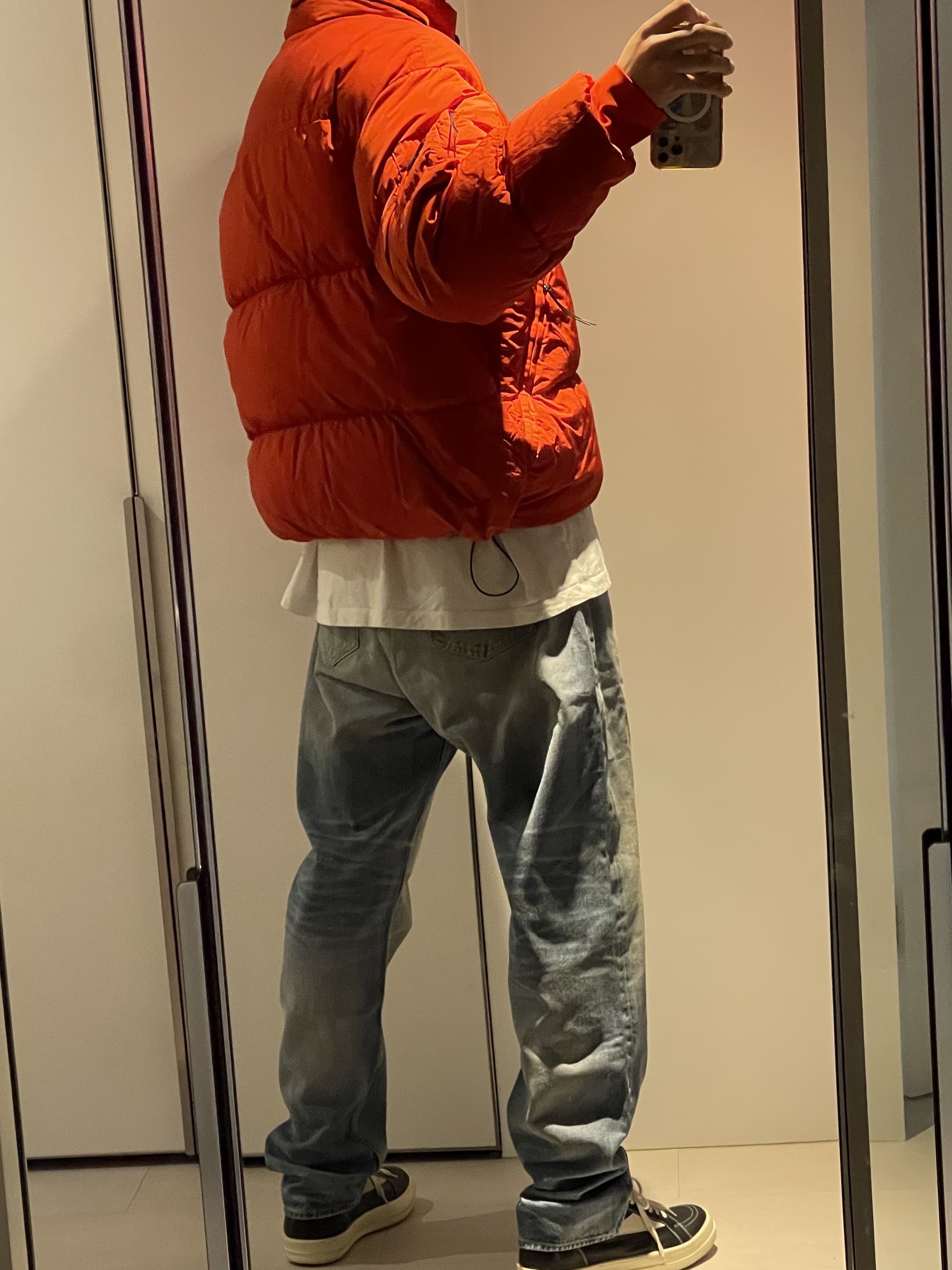 C.P. Company Eco-Chrome R Mixed Down Jacket Poinciana Red - 23FW, Rick Owens Luxor Vintage Sneakers Black Milk 착용 스타일 - 2