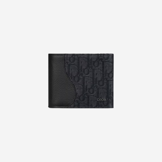 디올 새들 컴팩트 지갑 블랙 카프스킨 레더 & 오블리크 자카드 블랙