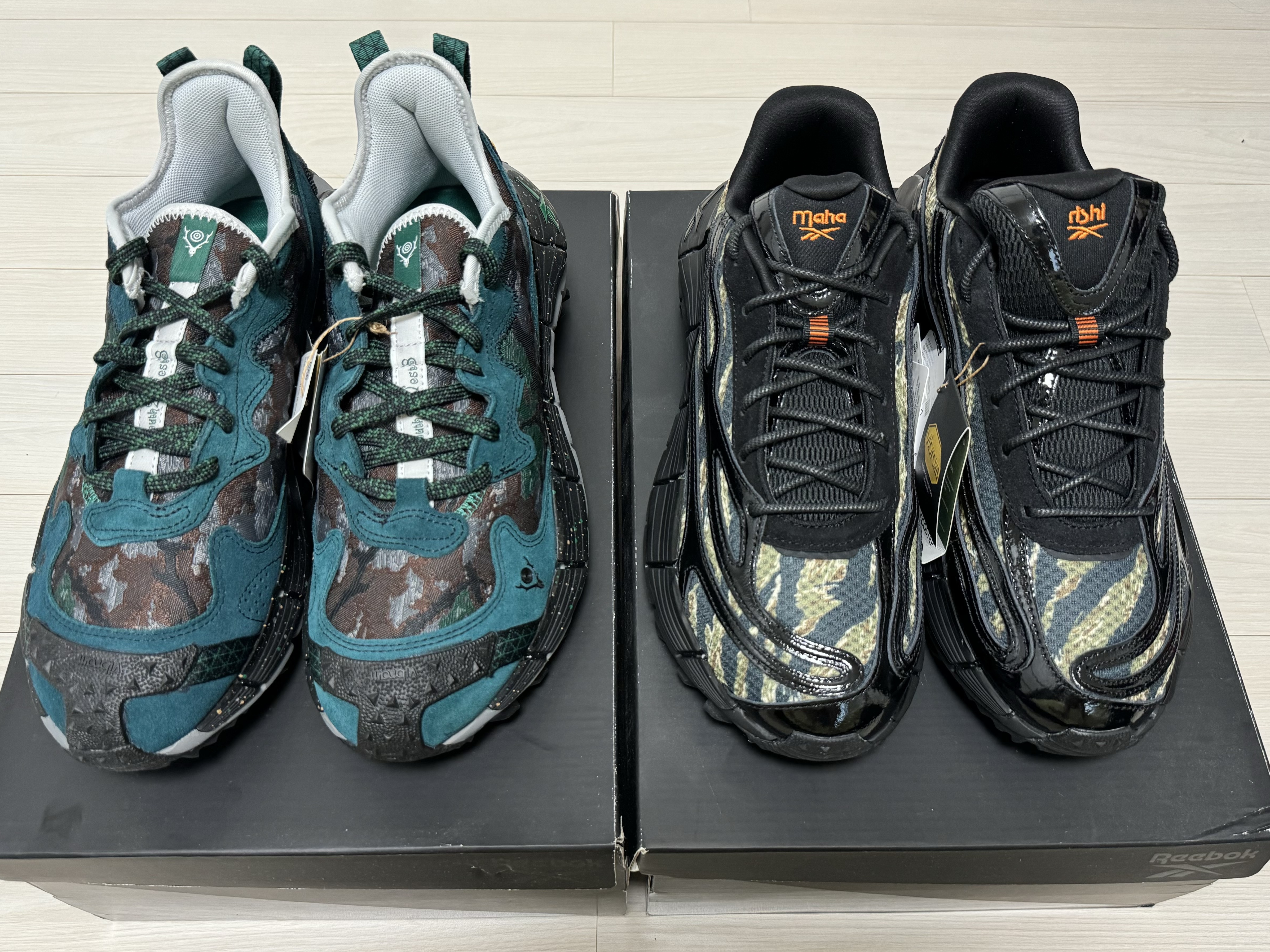 Reebok x Maharishi Zig Kinetica 2.5 Core Black Warm Olive, Reebok x South2 West8 Zig Kinetica 2 Edge Clover Green Core Black 착용 스타일 - 1