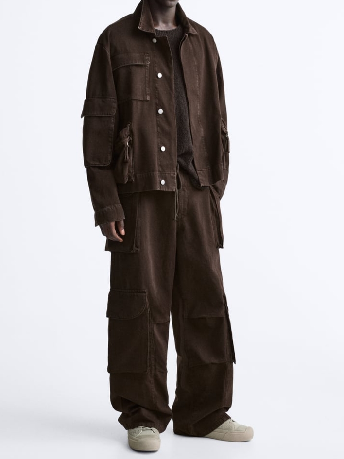 Zara Denim Jacket Limited Edition Chocolate, Zara Utility Cargo Jeans Chocolate 착용 스타일