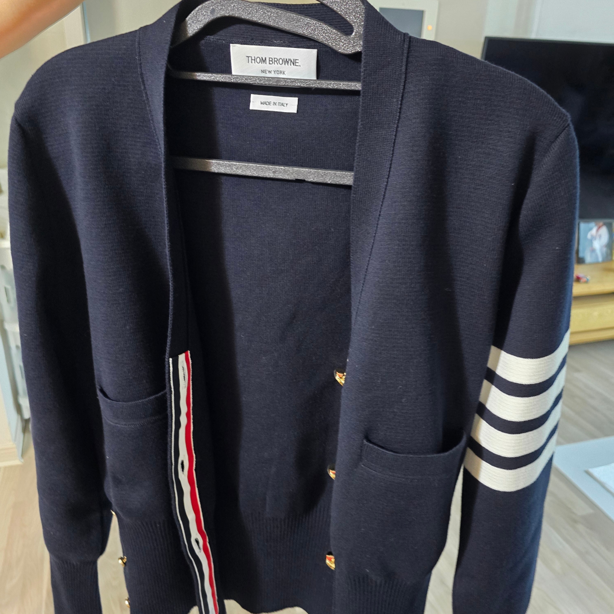(W) Thom Browne Cotton Crepe Milano Stitch 4-Bar Cardigan Navy 착용 스타일