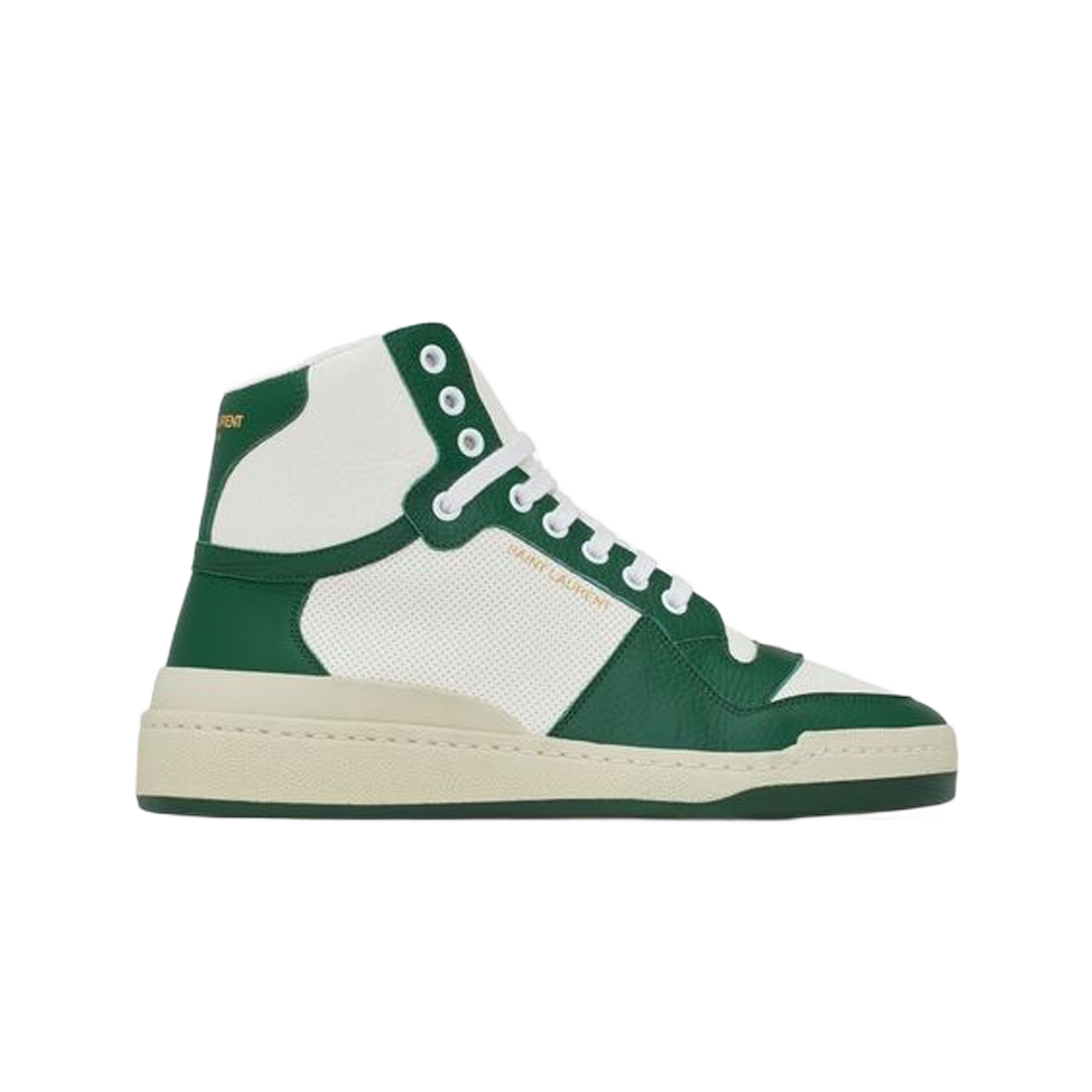 610619-AAAS4-8513 (W) Saint Laurent SL24 Mid-Top Sneakers in Smooth and Perforated Leather White Dark Green
