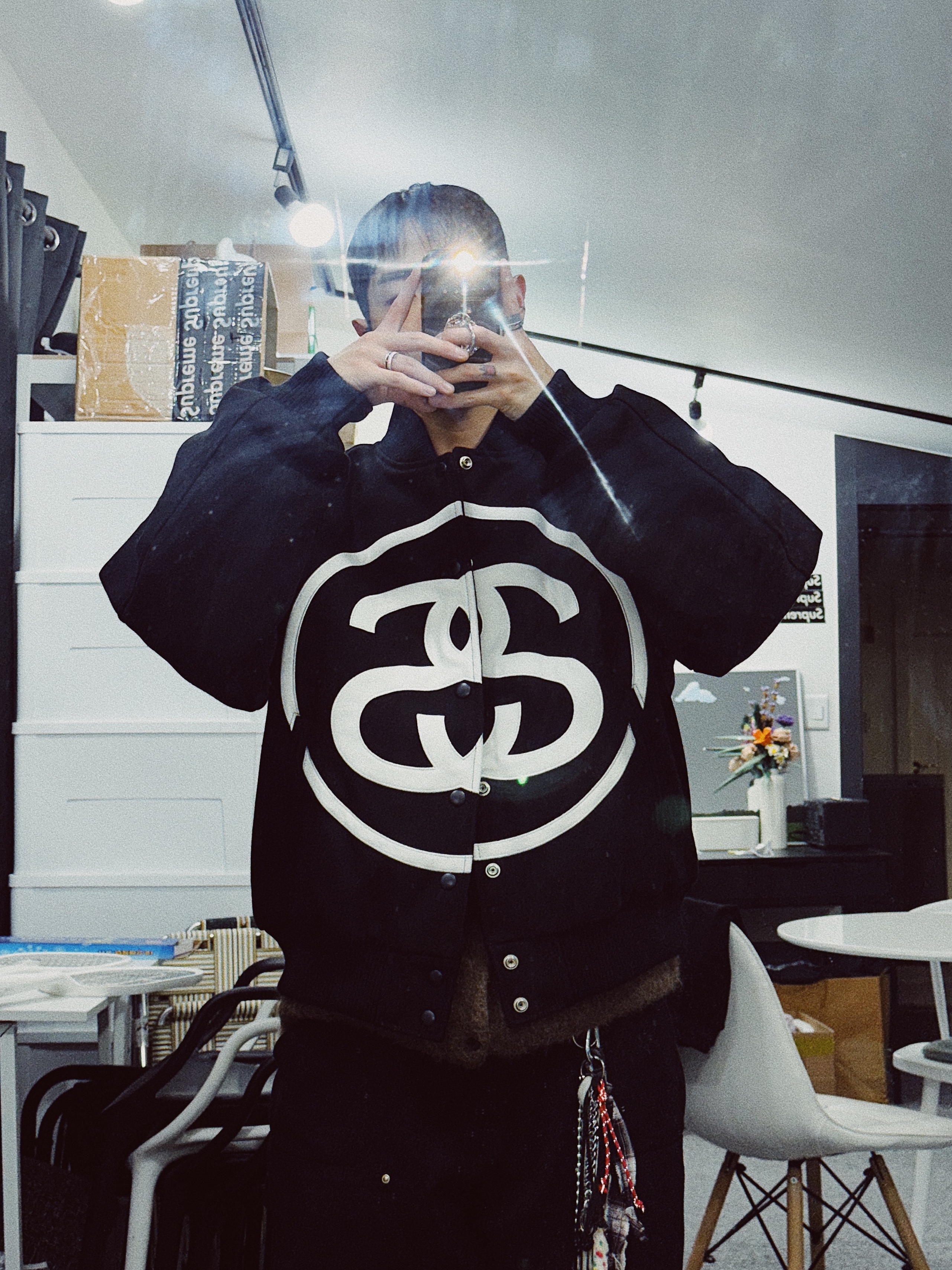 Stussy SS Link Hoodie Black, Stussy SS Link Varsity Jacket Black 착용 스타일 - 2