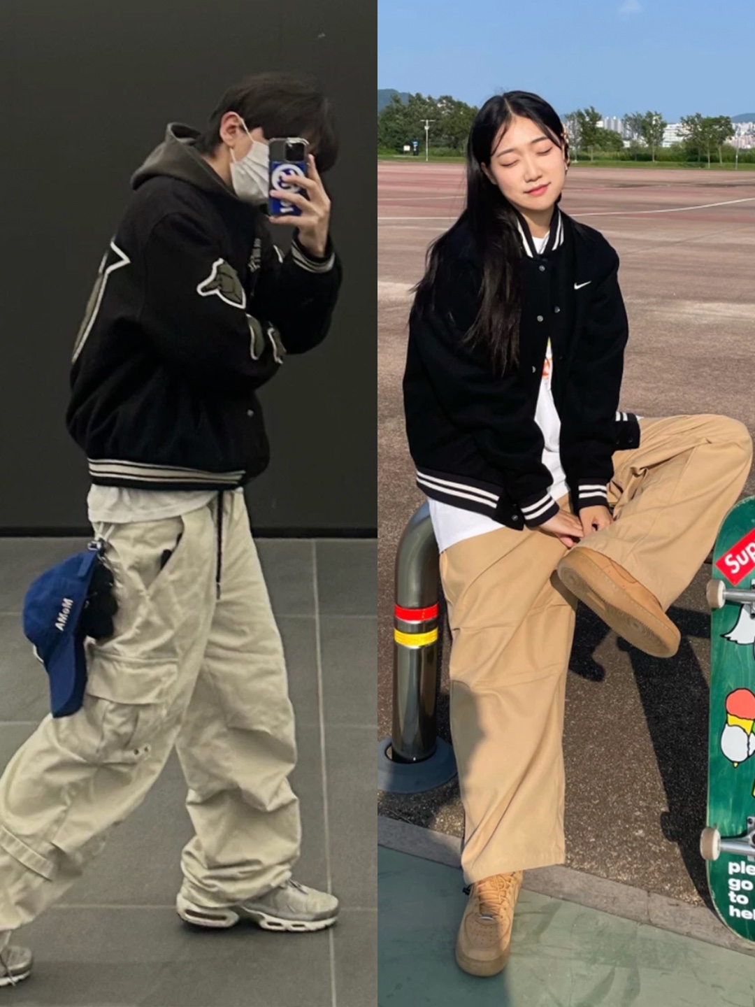 Stussy x CDG Varsity Jacket, Nike NSW Authentics Varsity Jacket Black - Asia 착용 스타일 - 2