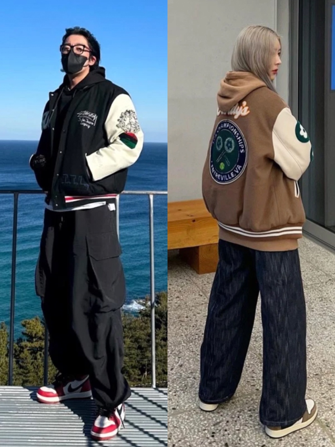 Stussy x CDG Varsity Jacket, Nike NSW Authentics Varsity Jacket Black - Asia 착용 스타일 - 3