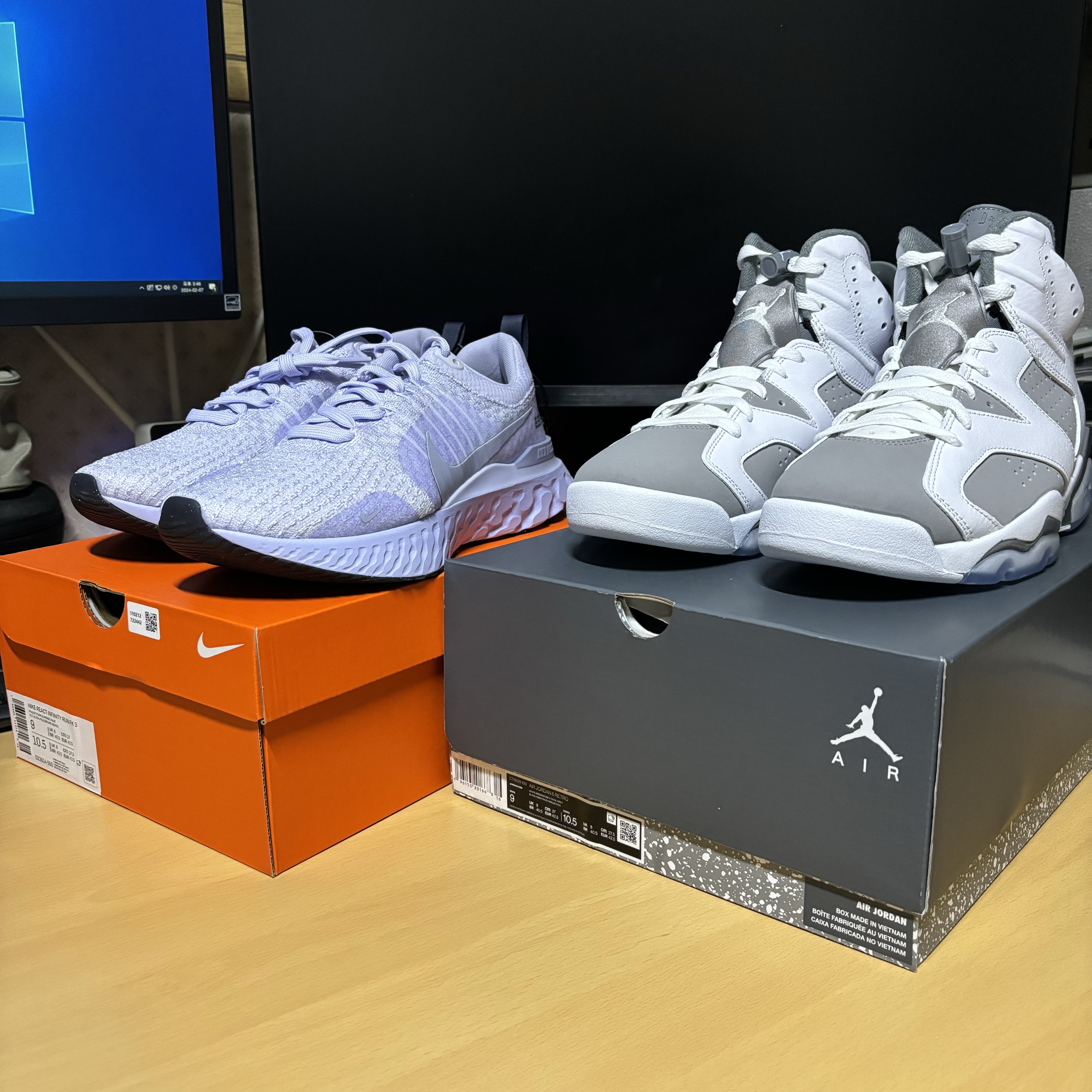 Jordan 6 Retro Cool Grey, Nike React Infinity Run Flyknit 3 Palest Purple 착용 스타일