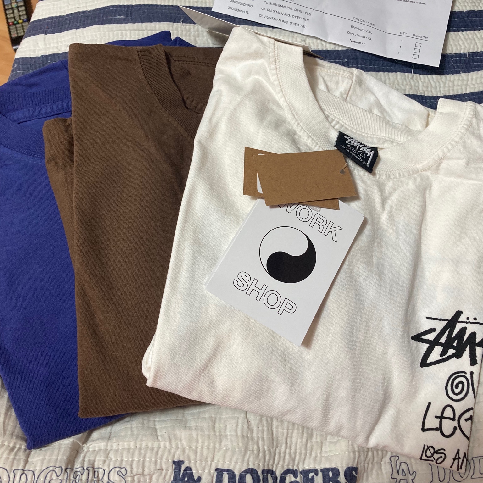 Stussy x Our Legacy Surfman Pigment Dyed T-Shirt Natural, Stussy x Our Legacy Surfman Pigment Dyed T-Shirt Blueberry 착용 스타일