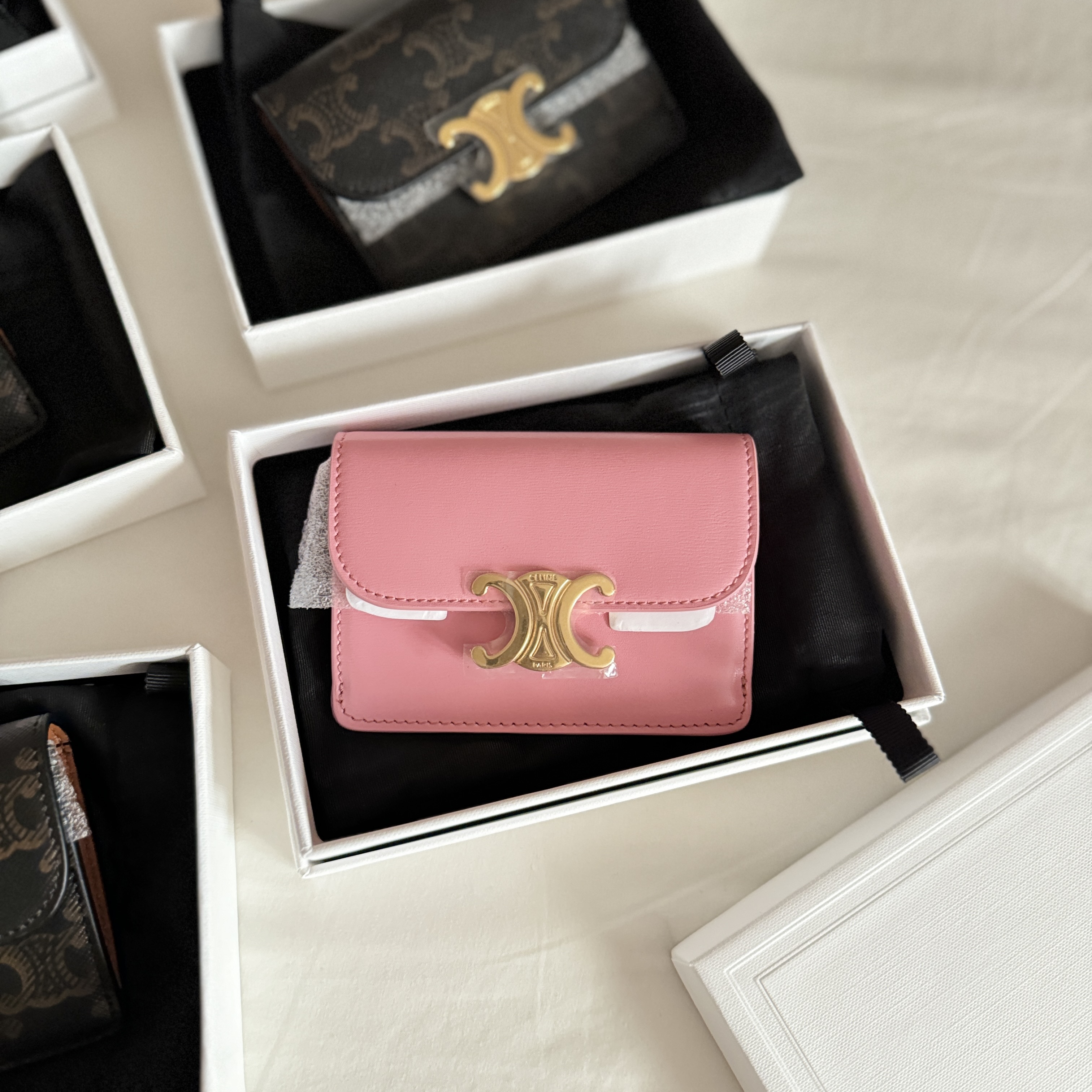Celine Card Holder with Flap Triomphe in Shiny Calfskin Rose 착용 스타일