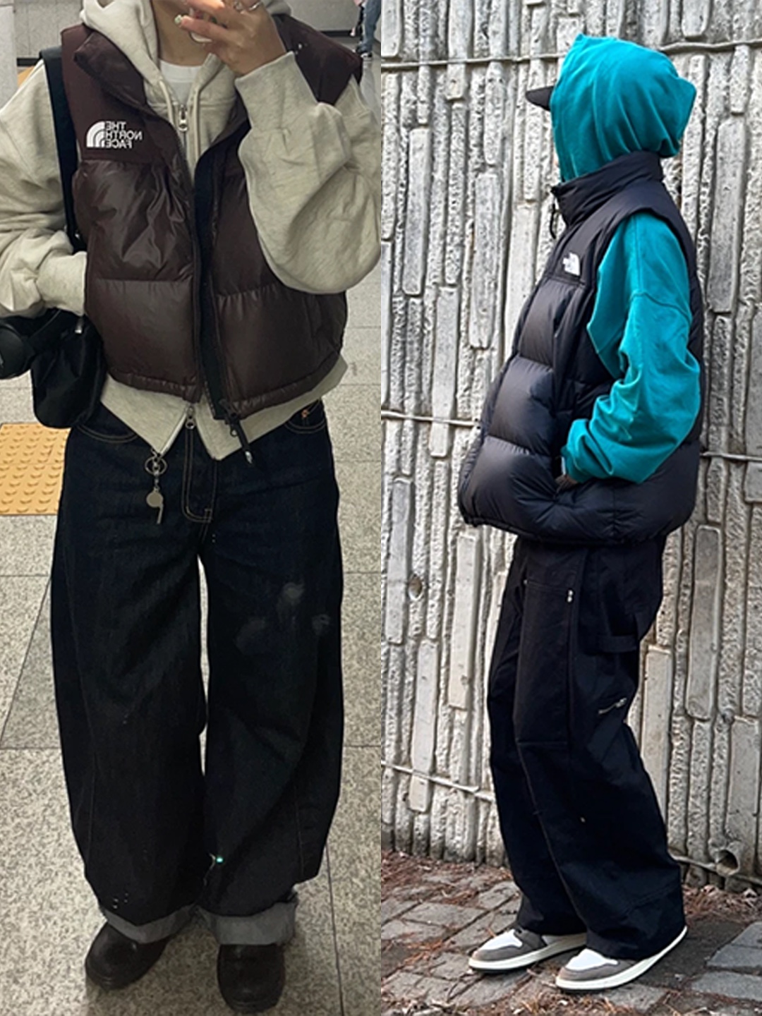 (W) The North Face White Label Novelty Nuptse Down Vest Brown, The North Face 1996 Retro Nuptse Vest Black 착용 스타일 - 2