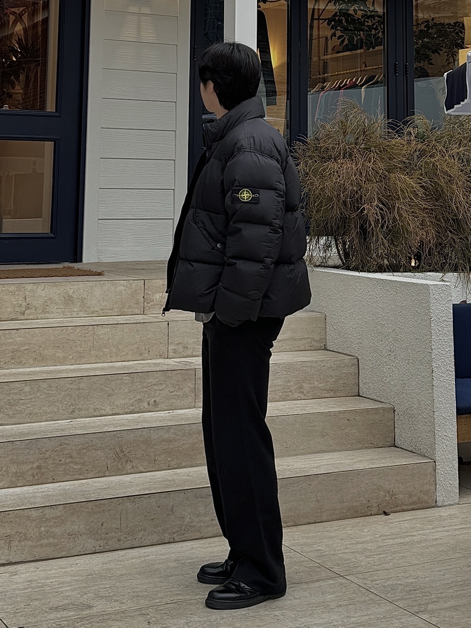 Stone Island 40623 Garment Dyed Crinkle Reps Recycled Nylon Down Jacket Black - 23FW, Dr. Martens 1461 Mono Black 착용 스타일