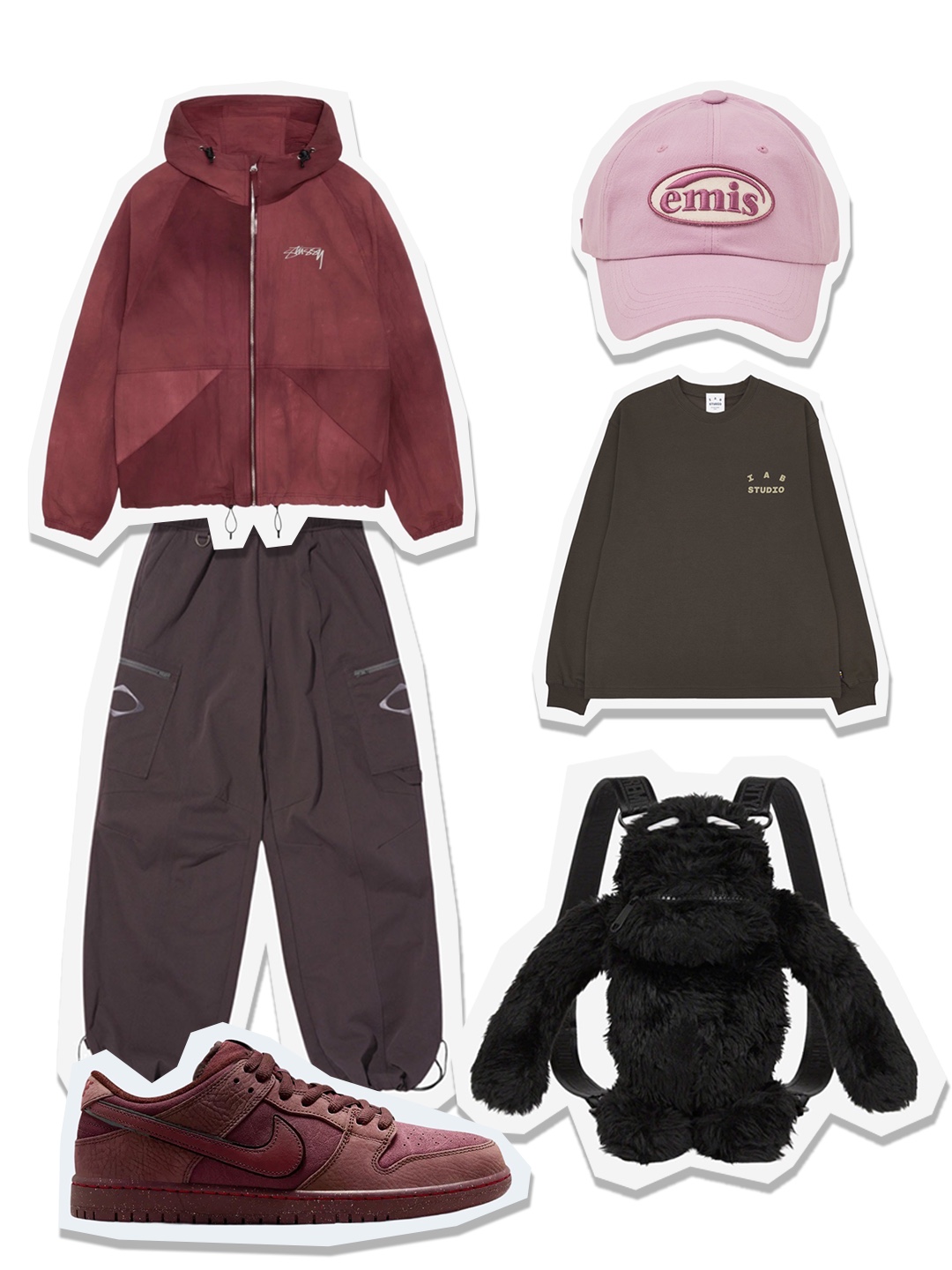 Stussy Wave Dye Beach Shell Jacket Maroon, Emis Tone On Tone Wappen Ball Cap Light Purple 착용 스타일 - 1