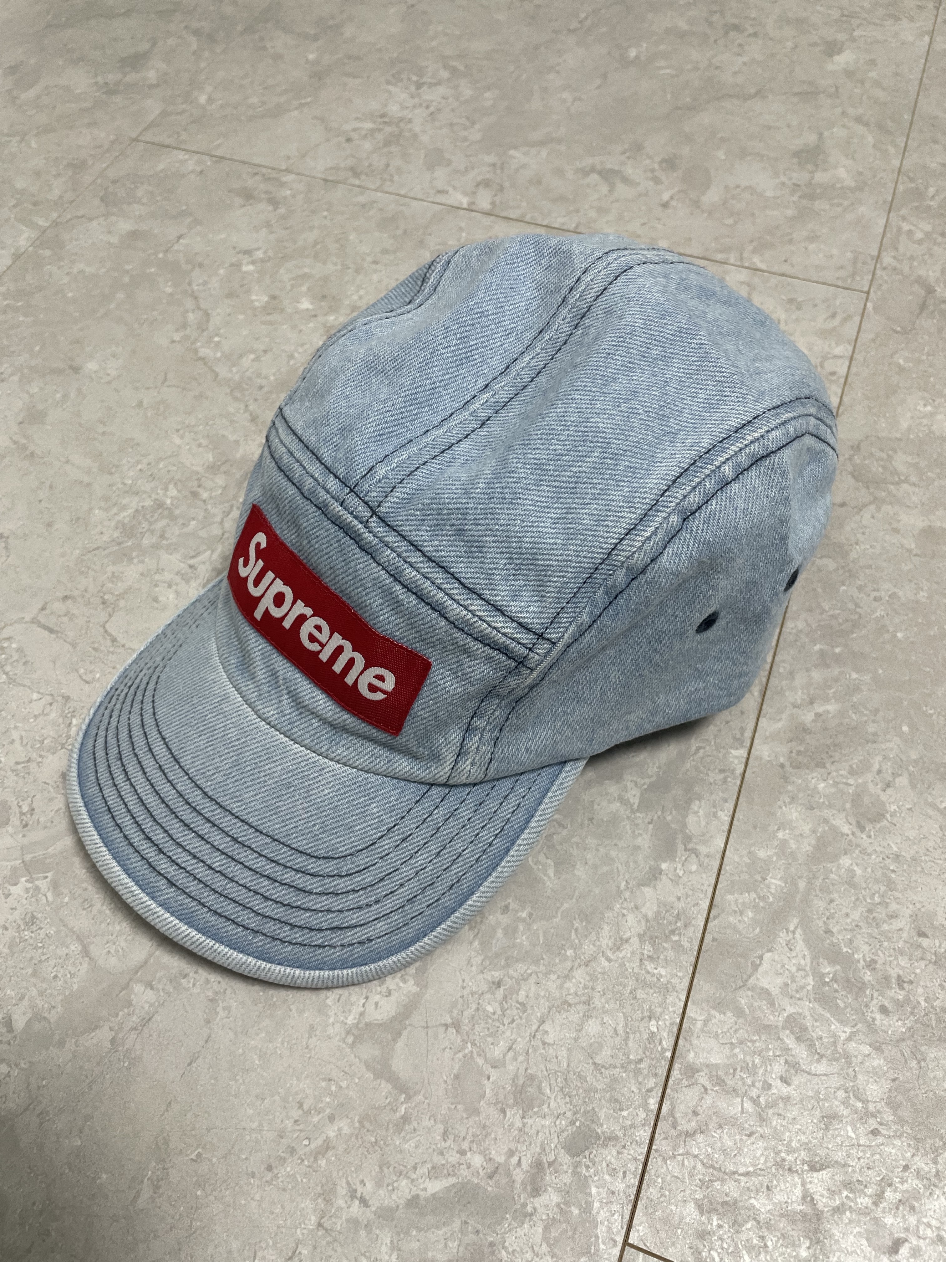 Supreme Denim Camp Cap Washed Blue - 22FW 착용 스타일