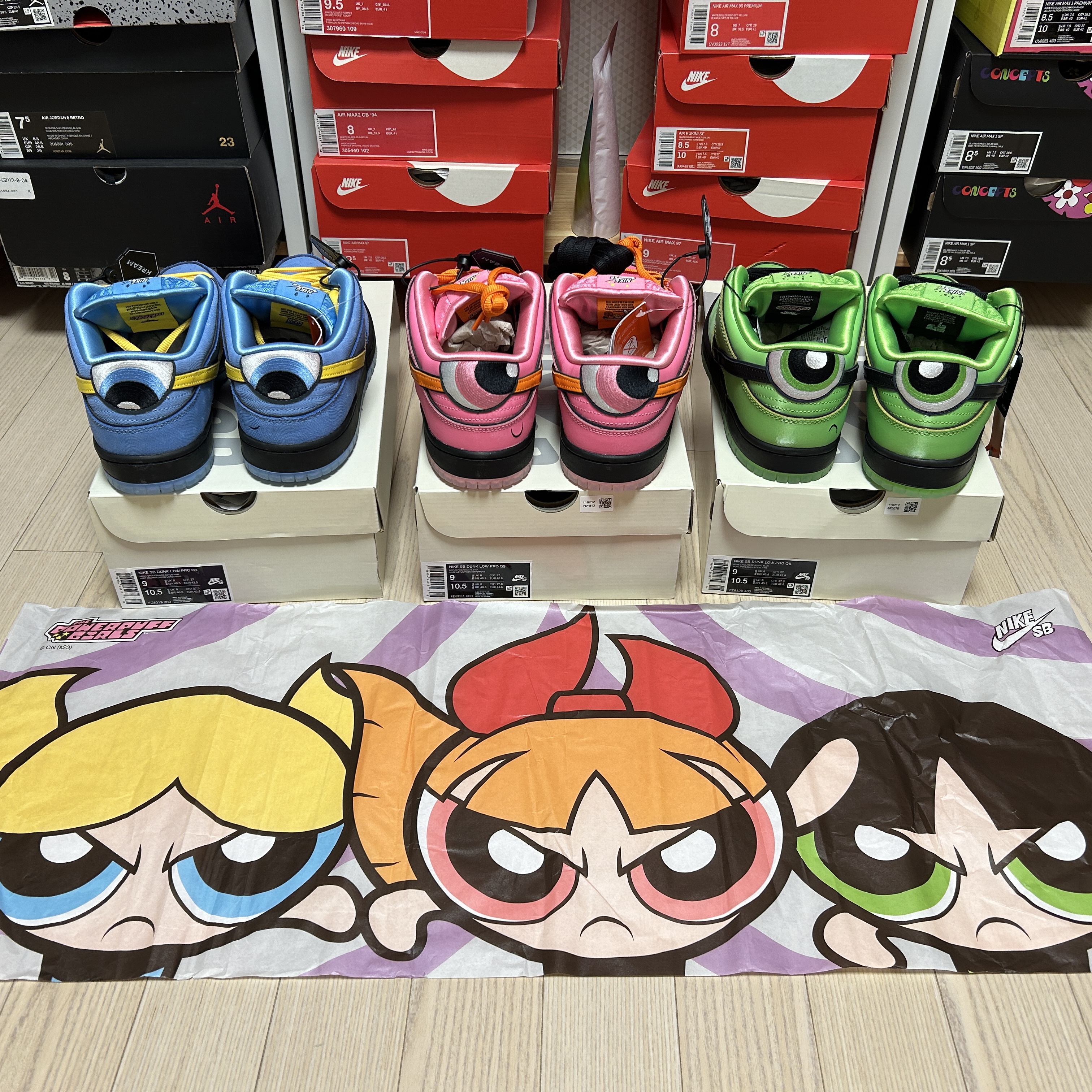 Nike x The Powerpuff Girls SB Dunk Low Pro QS Blossom, Nike x The Powerpuff Girls SB Dunk Low Pro QS Bubbles 착용 스타일