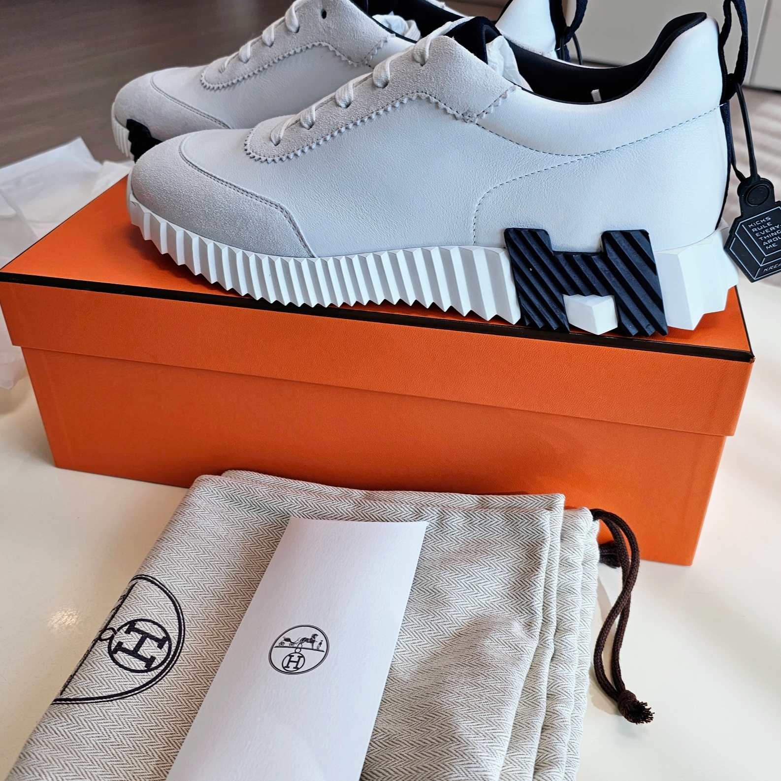 Hermes Bouncing Sneakers Calfskin Suede Goatskin & Blanc 착용 스타일 - 2