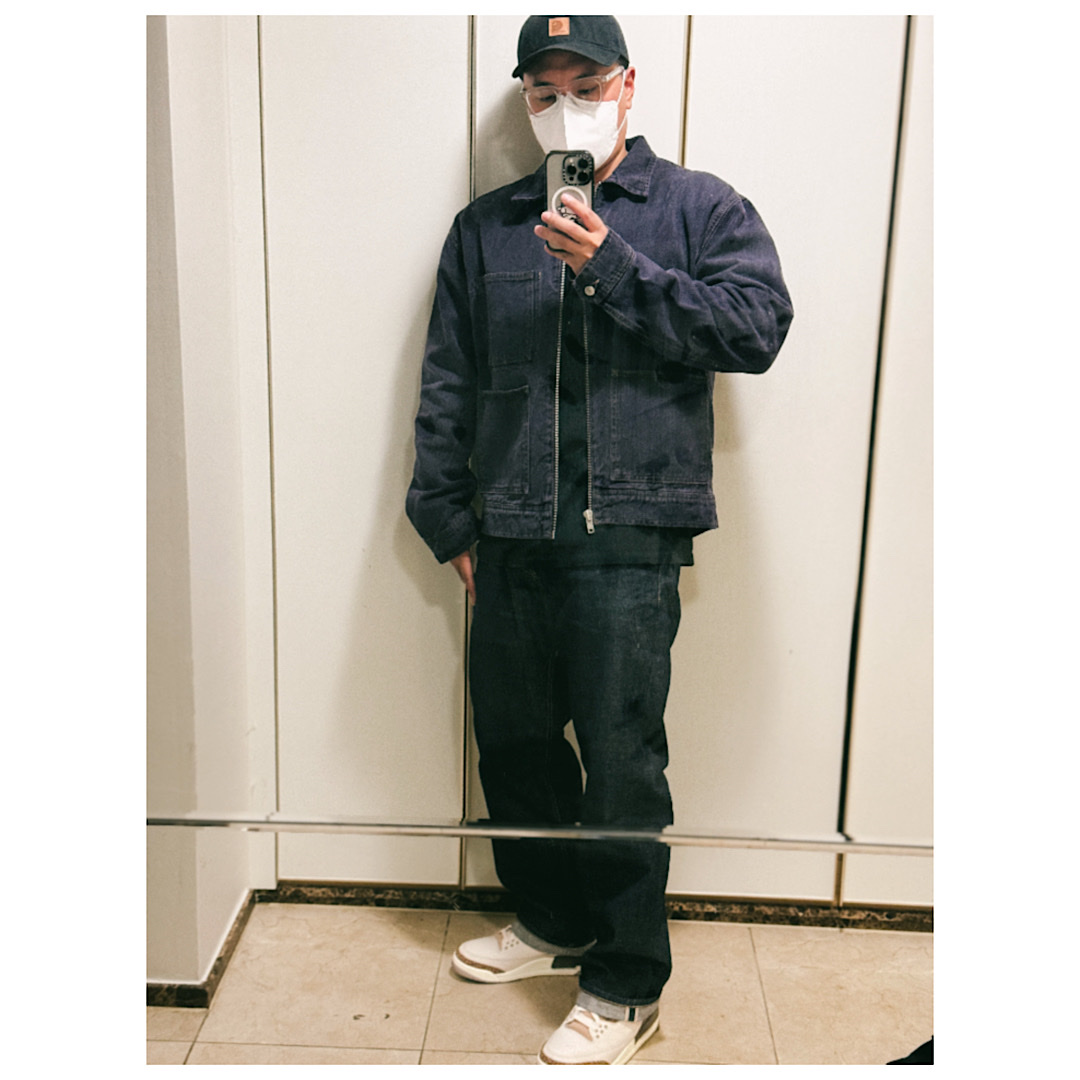 Stussy Denim Zip Work Jacket Espresso, Jordan 3 Retro Orewood Brown 착용 스타일