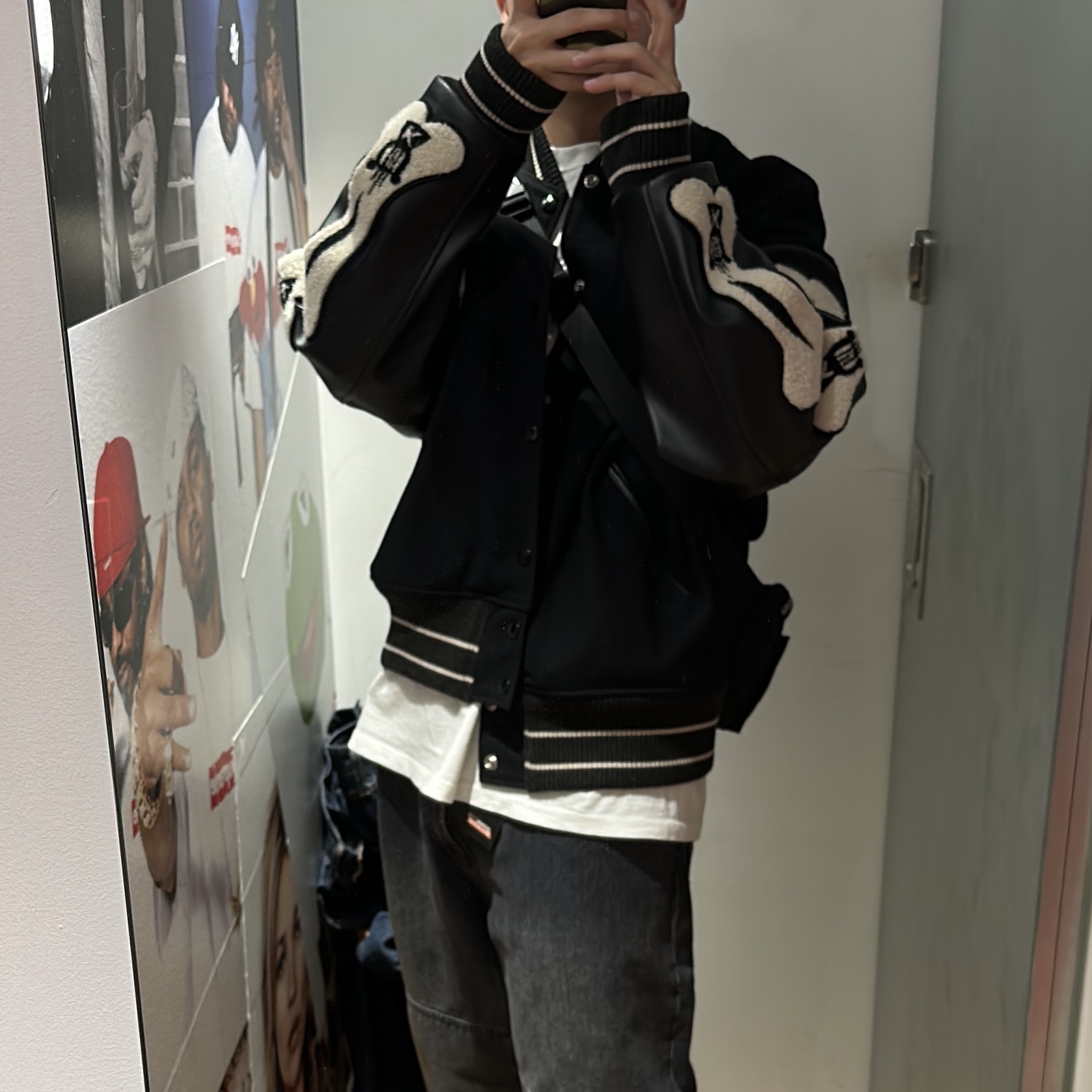 Kapital Wool I-Five Varsity Jacket Black, Kapital 12.5 oz. Denim Mexican Tuxedo 5P Okagilly Pants Indigo 착용 스타일 - 1