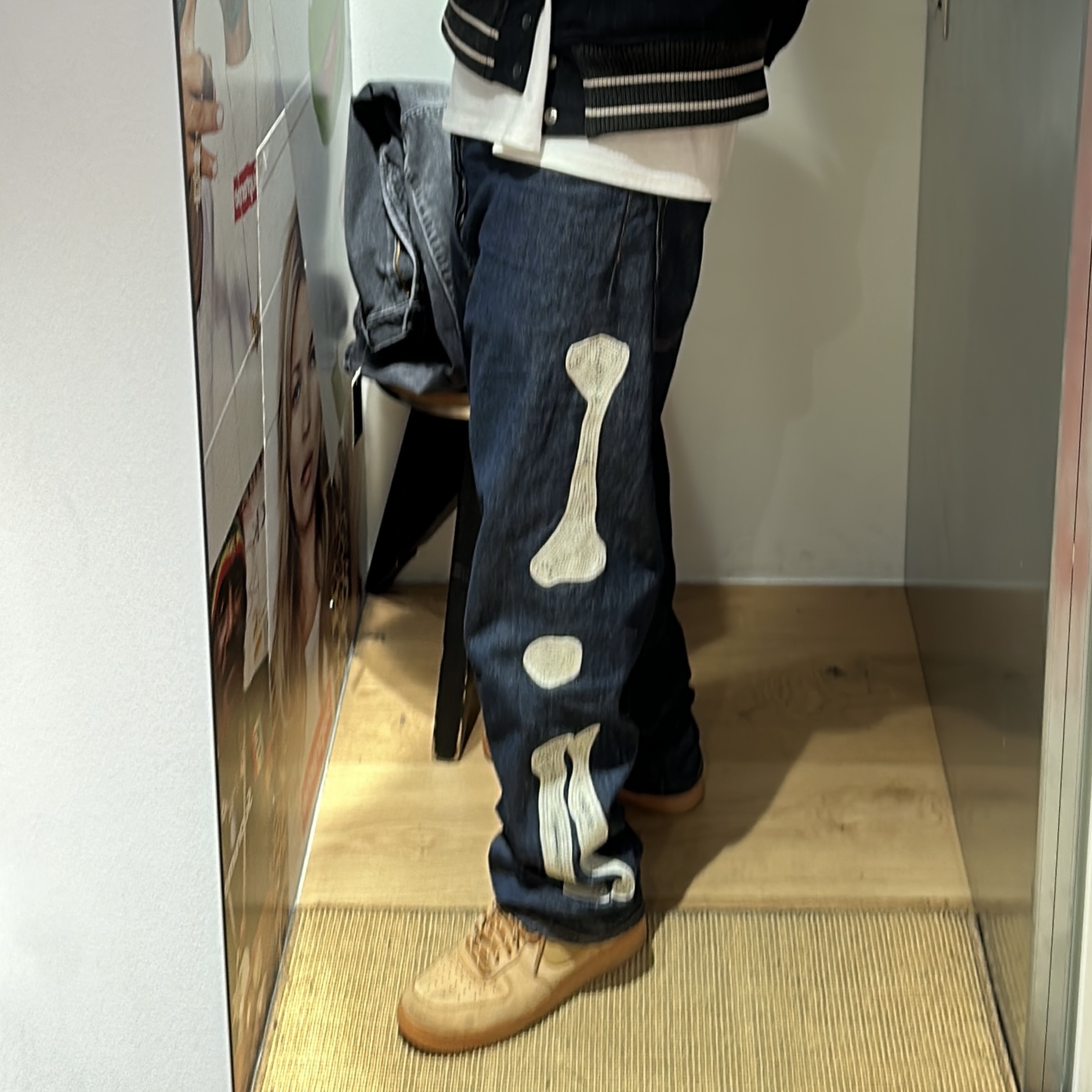 Kapital Wool I-Five Varsity Jacket Black, Kapital 12.5 oz. Denim Mexican Tuxedo 5P Okagilly Pants Indigo 착용 스타일 - 2