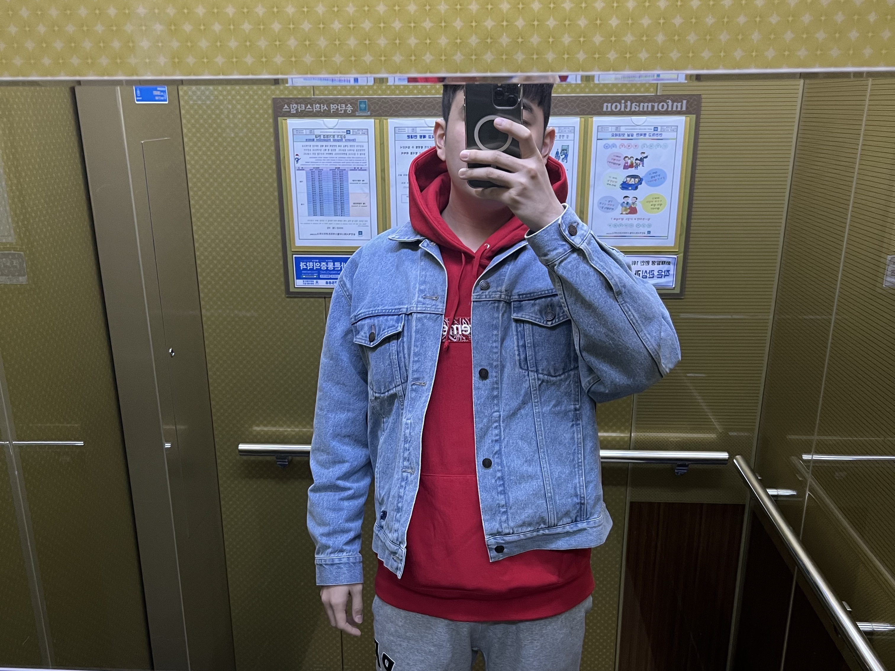 Supreme x Burberry Denim Trucker Jacket Washed Blue - 22SS, Supreme Bandana Box Logo Hooded Sweatshirt Red - 19FW 착용 스타일