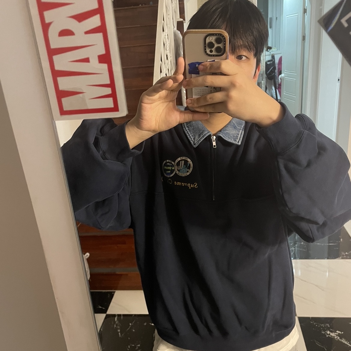 Supreme Denim Collar Half Zip Sweatshirt Navy - 23SS 착용 스타일