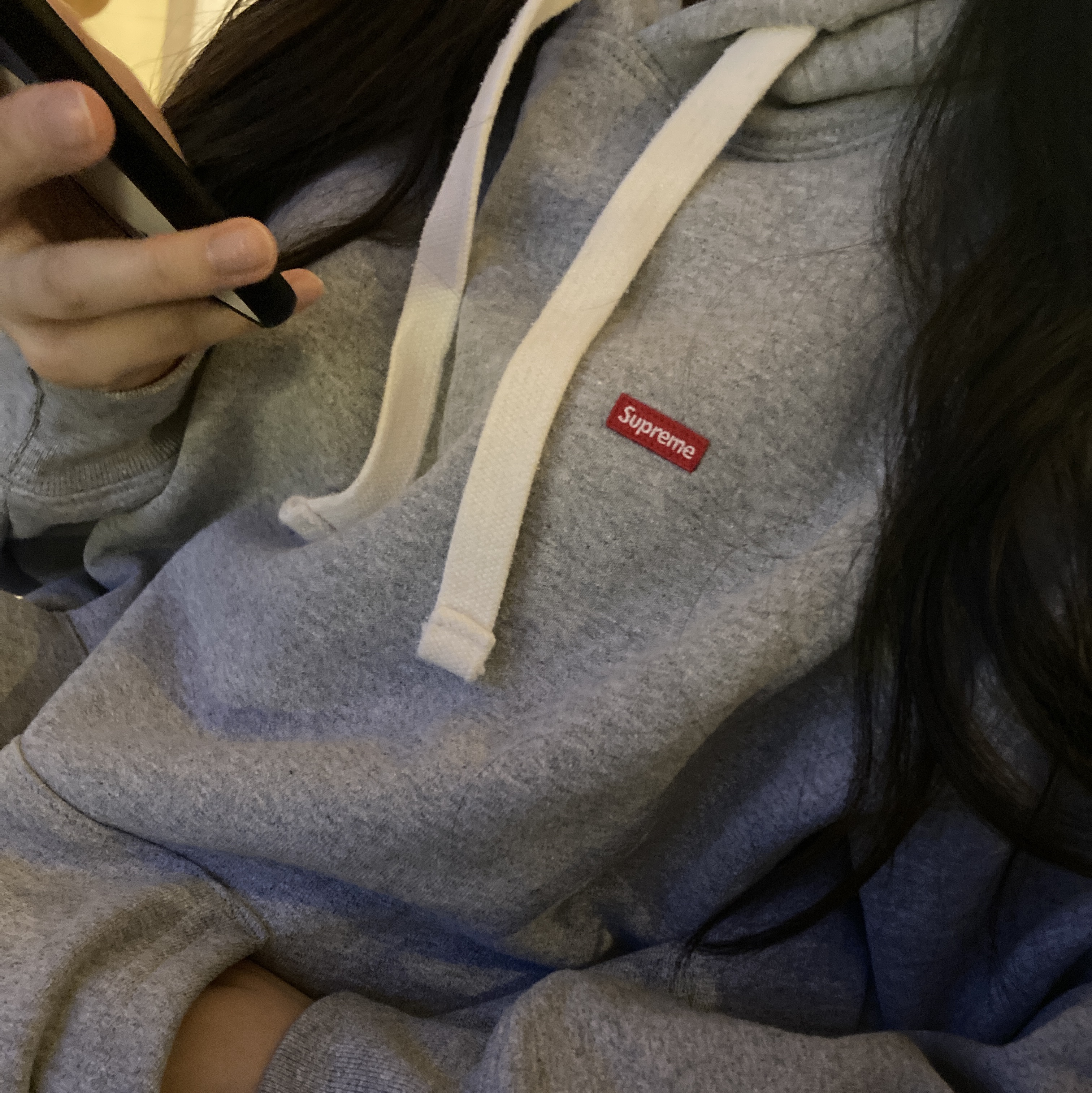 Supreme Small Box Drawcord Hooded Sweatshirt Heather Grey - 23FW 착용 스타일