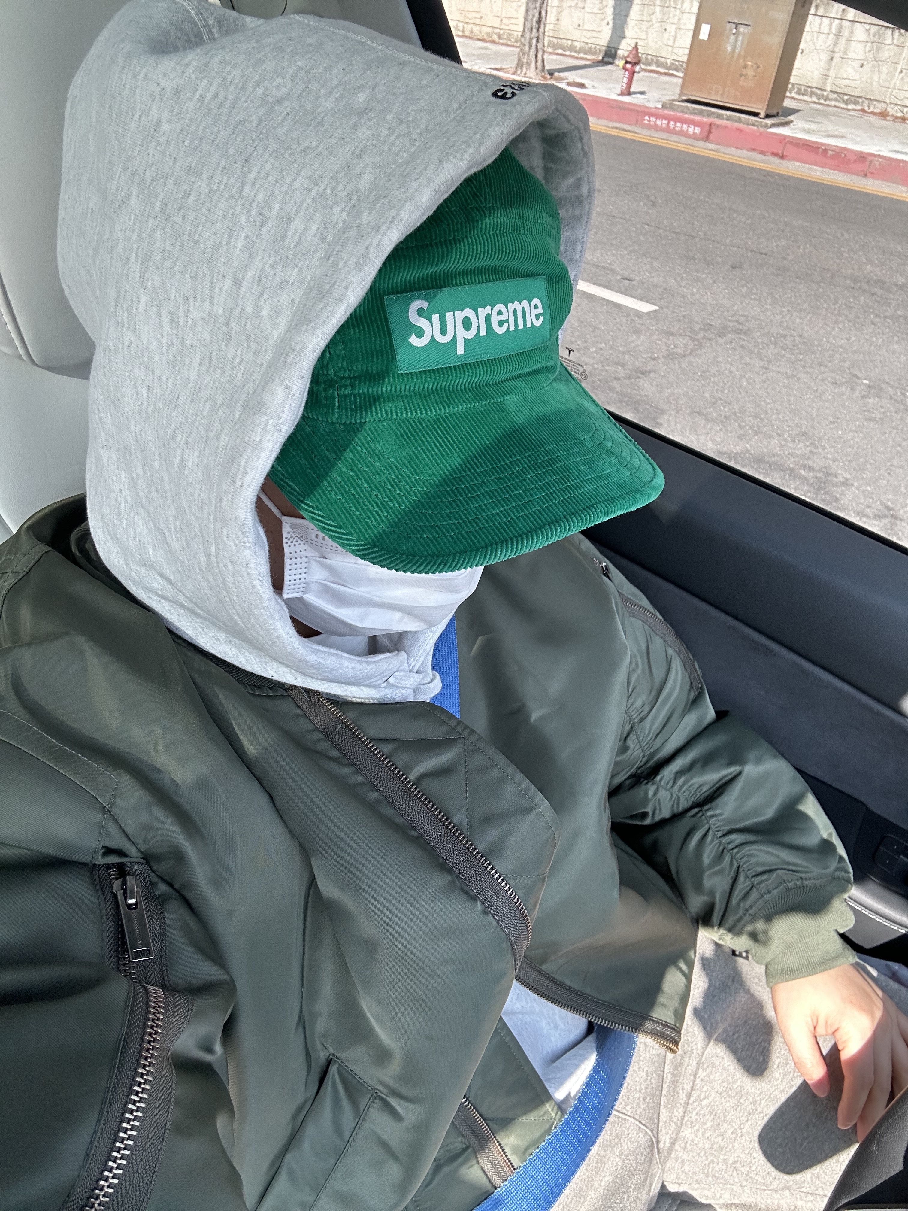 Supreme Corduroy Camp Cap Green - 23FW, Supreme Box Logo Hooded Sweatshirt Ash Grey - 23FW 착용 스타일