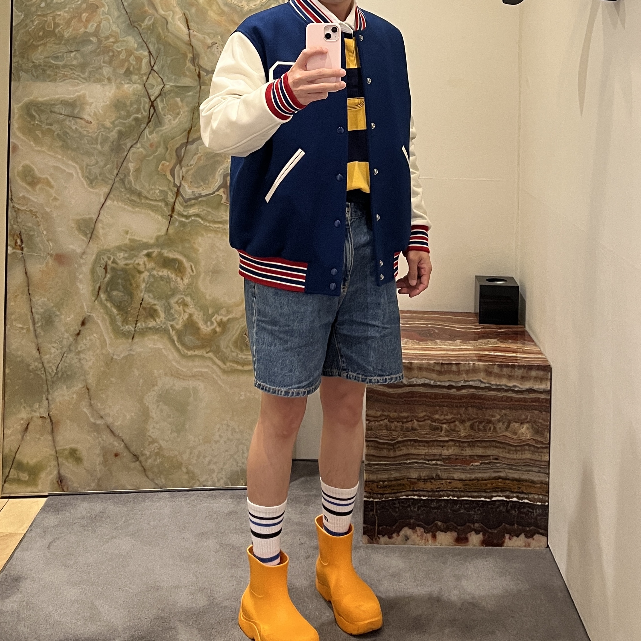 (W) Celine Varsity Jacket in Textured Wool Cobalt, (W) Bottega Veneta Puddle Ankle Boots Tangerine 착용 스타일