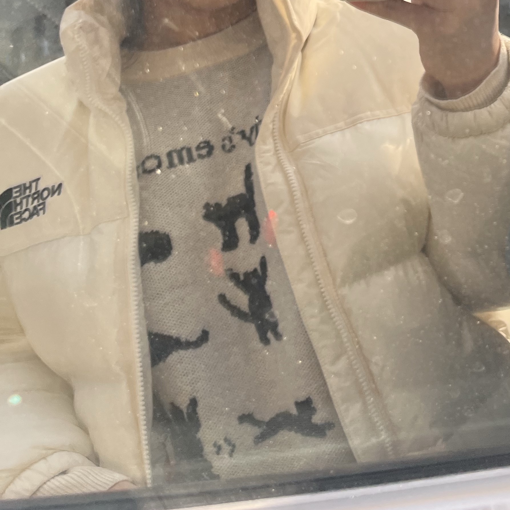 (W) The North Face Nuptse On Ball Jacket Ivory 착용 스타일