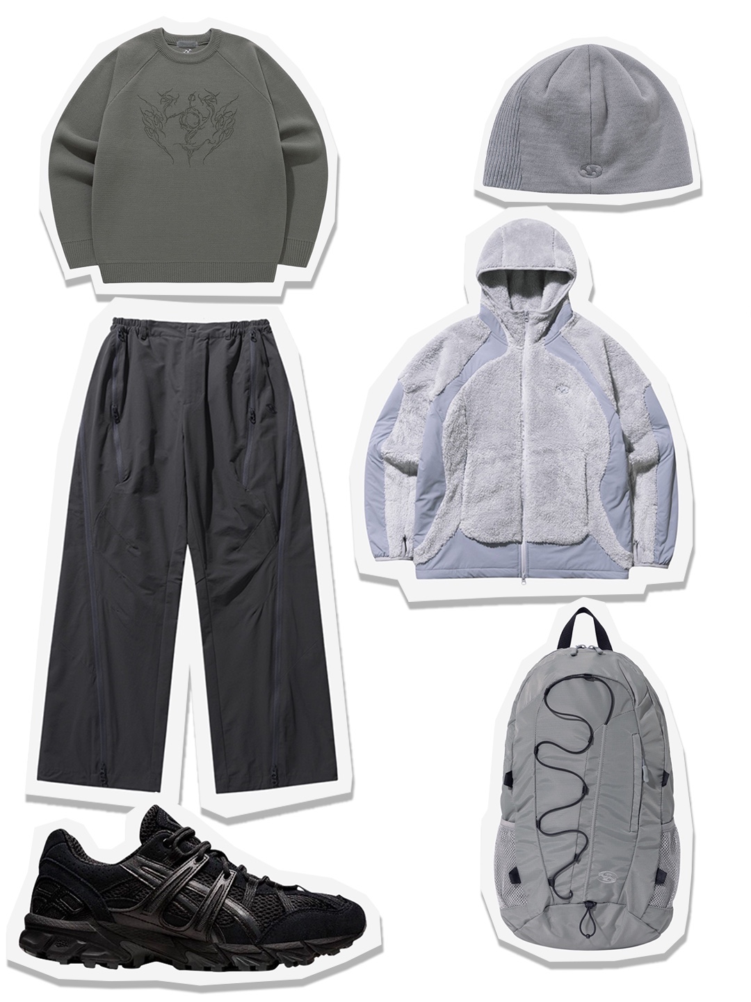 Sansan Gear Fleece Hooded Jacket Light Grey - 23FW, Sansan Gear Pyro Knit Tan - 23FW 착용 스타일 - 1